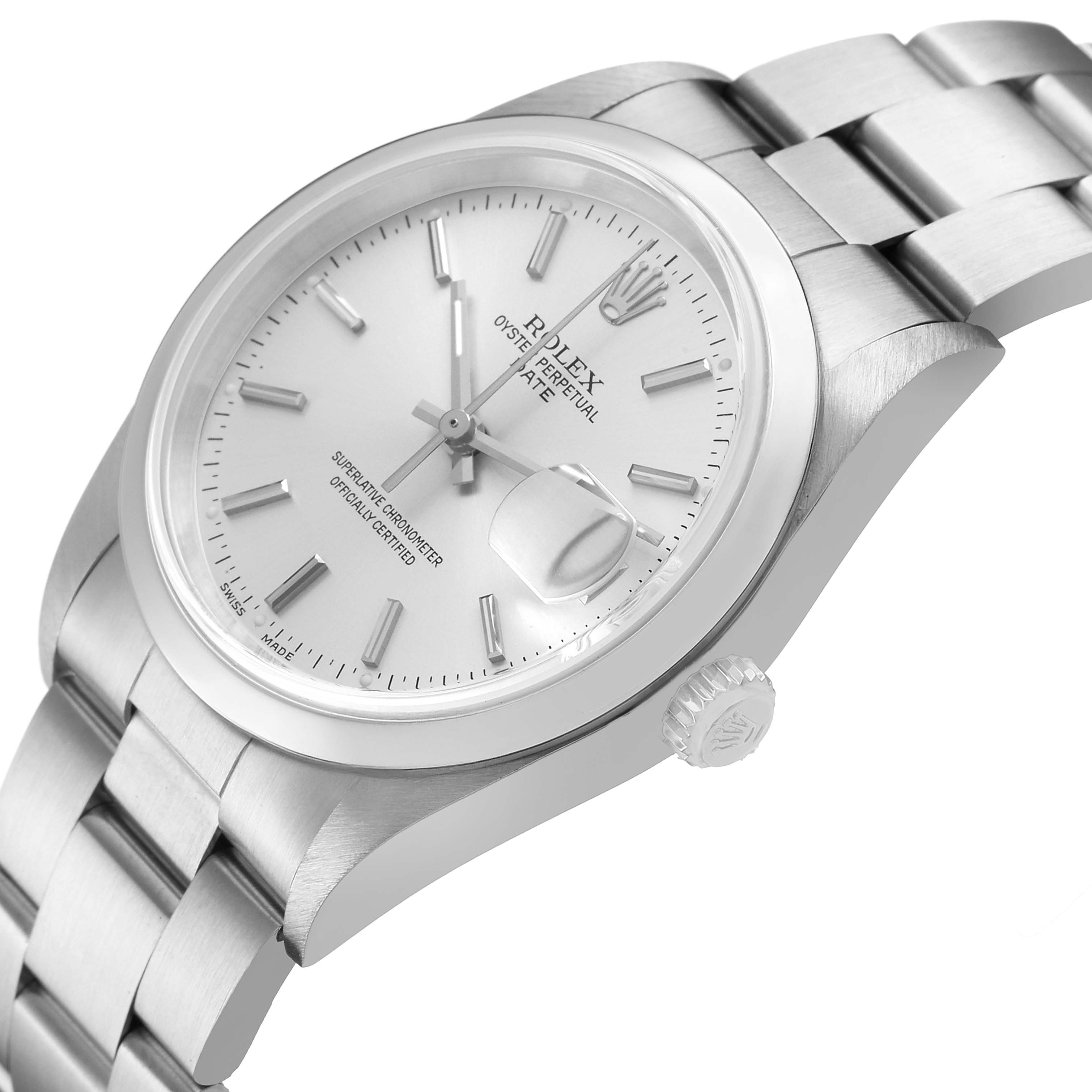 The Rolex Date 15200 Men's Stainless Steel Silver Dial model watch is shown at a slight angle, displaying the dial, case, crown, and part of the bracelet.