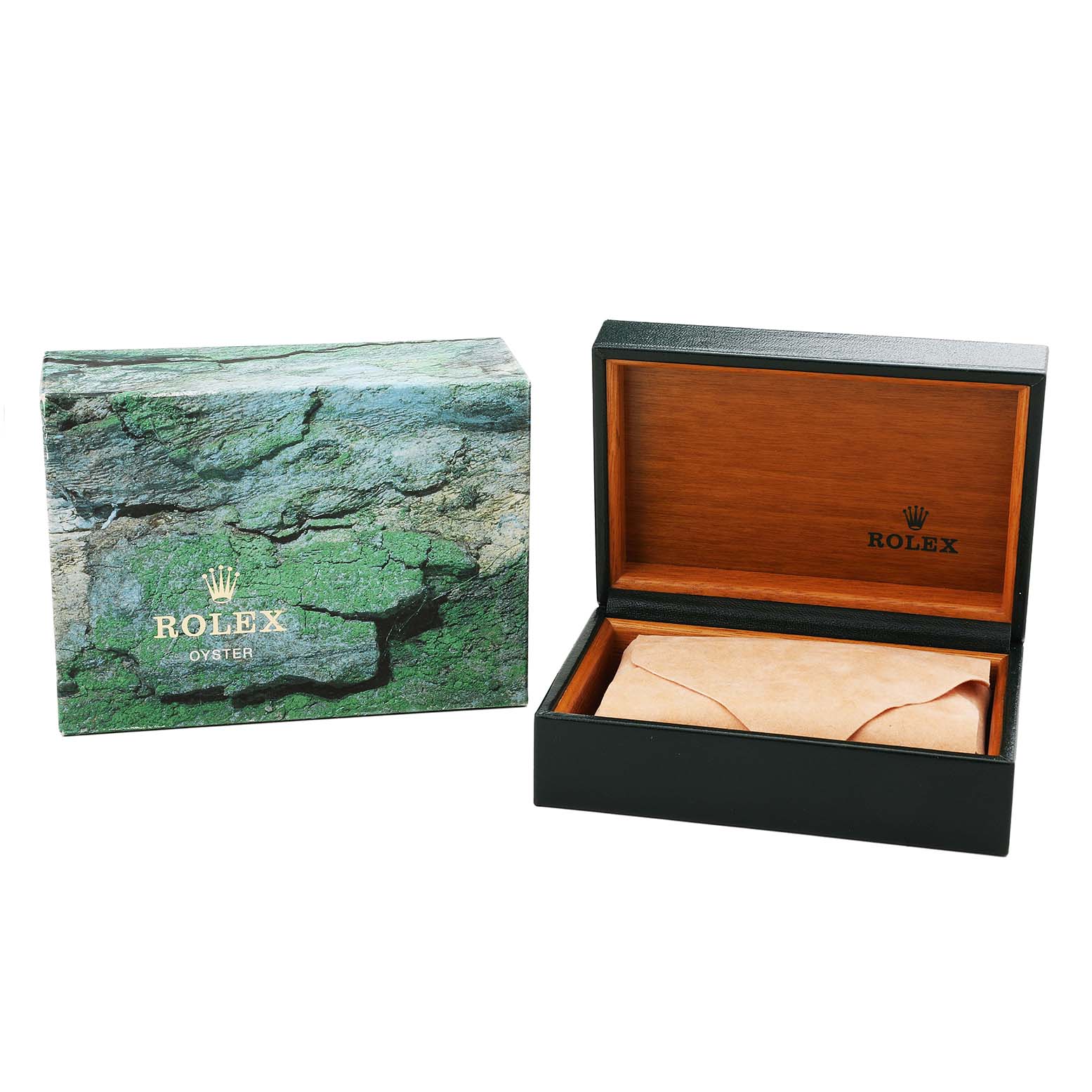 The image shows the packaging for a Rolex Date 15200 Men's Stainless Steel Silver Dial model, including an exterior box and an open interior case.