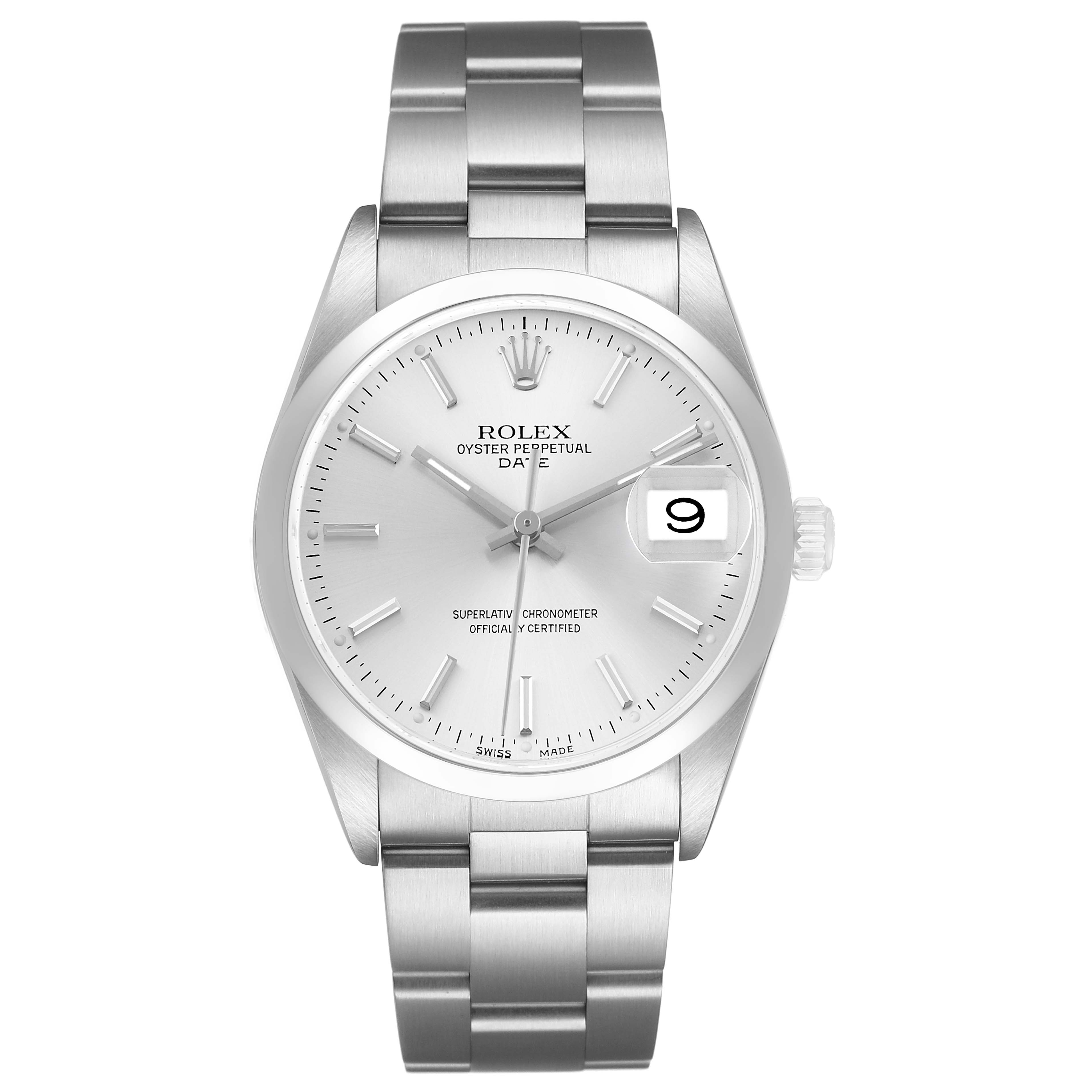 The Rolex Date 15200 Men's Stainless Steel Silver Dial model watch is shown from a front angle, displaying the dial, bezel, and bracelet.