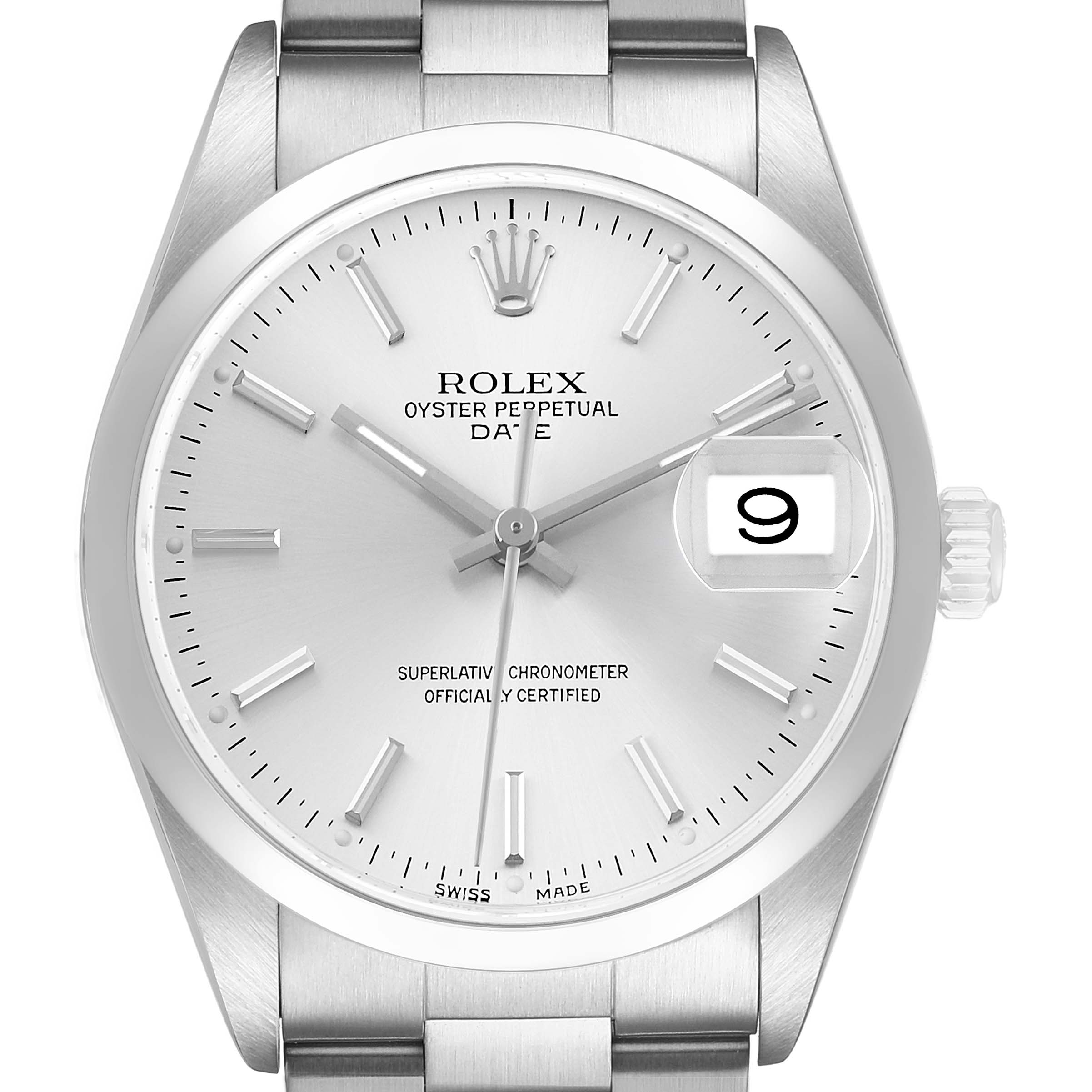 The image shows a front view of the Rolex Date 15200 Men's Stainless Steel Silver Dial model, highlighting the dial and bracelet.