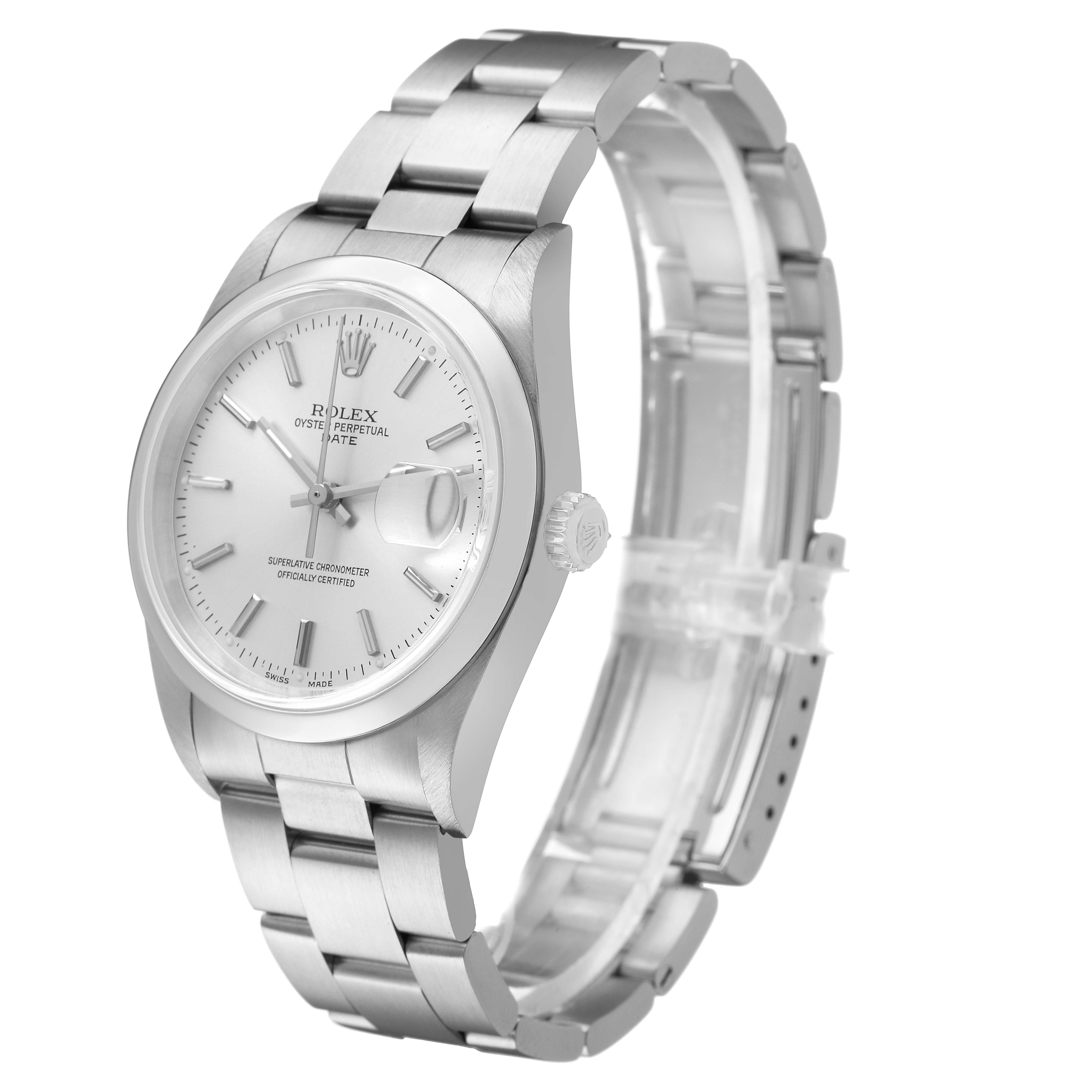 The Rolex Date 15200 Men's Stainless Steel Silver Dial model is shown at a slight angle, highlighting the dial, bezel, crown, and metal bracelet.