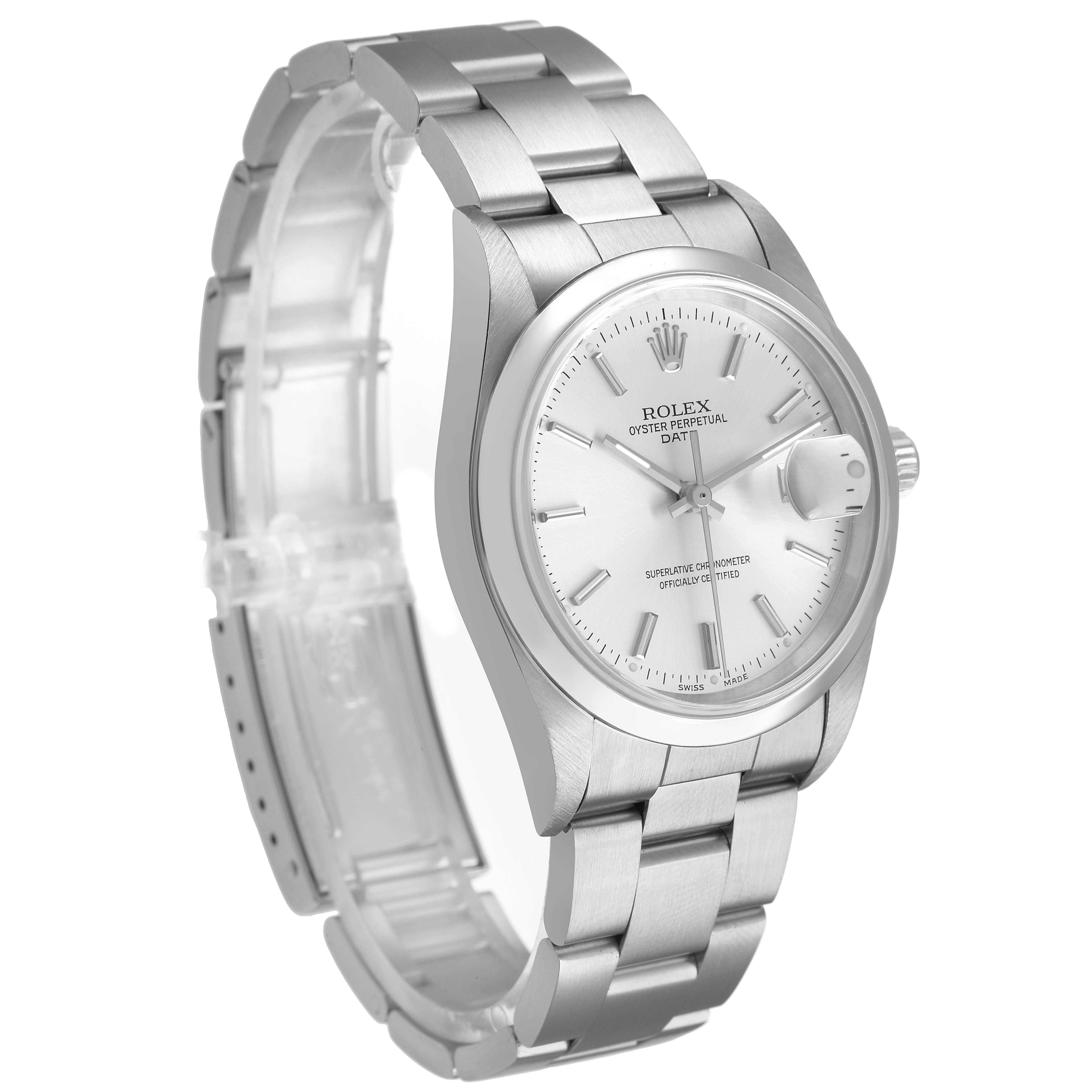 The Rolex Date 15200 Men's Stainless Steel Silver Dial watch is shown at a slight angle, highlighting the face, bezel, and metal bracelet.