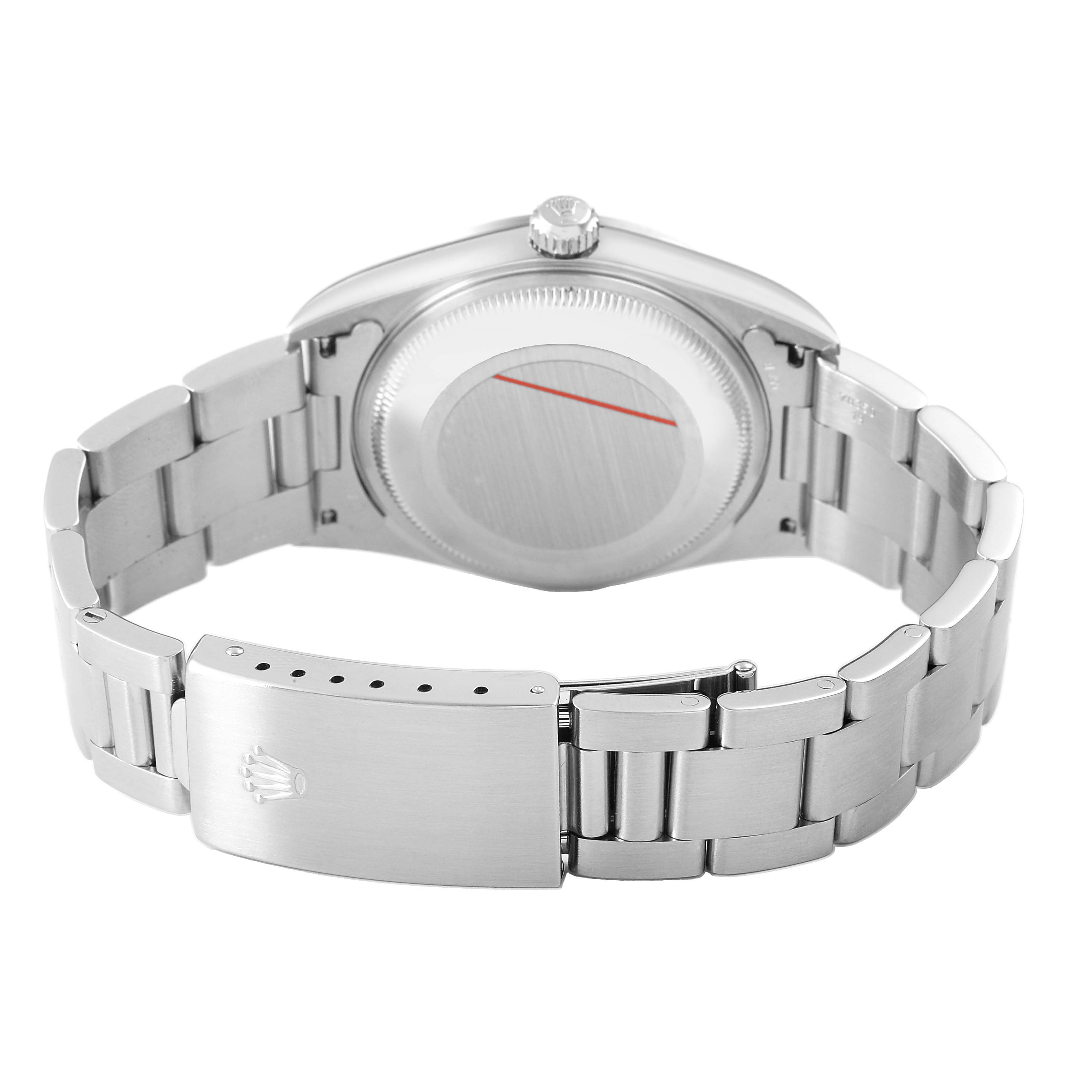 The image shows the back case and bracelet of a Rolex Date 15200 Men's Stainless Steel Silver Dial model, including the clasp with the Rolex logo.