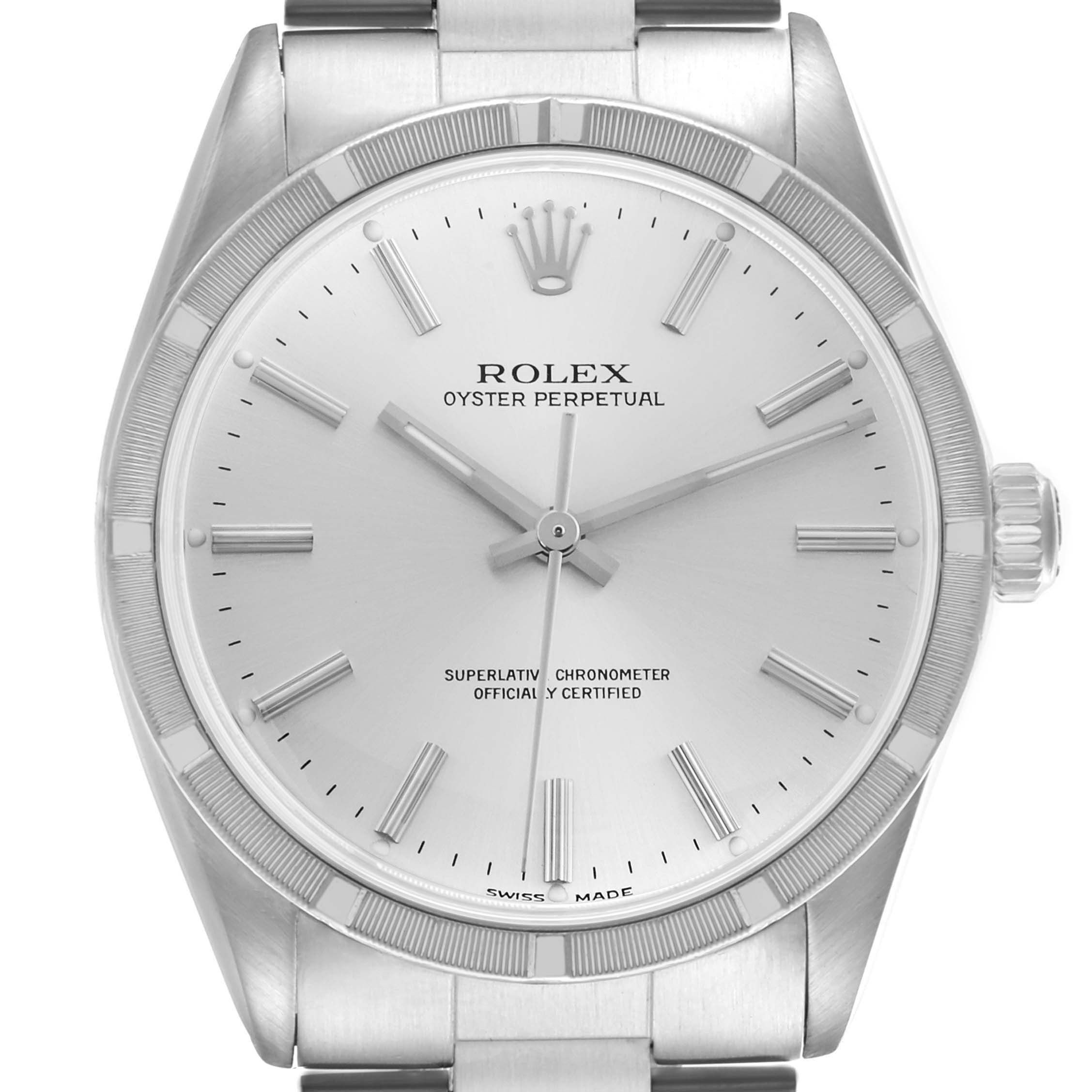 The Rolex Oyster Perpetual 1007 Men's Stainless Steel Silver Dial 1007 Men's Stainless Steel Silver Dial watch is shown from the front, highlighting its face, bezel, and bracelet.