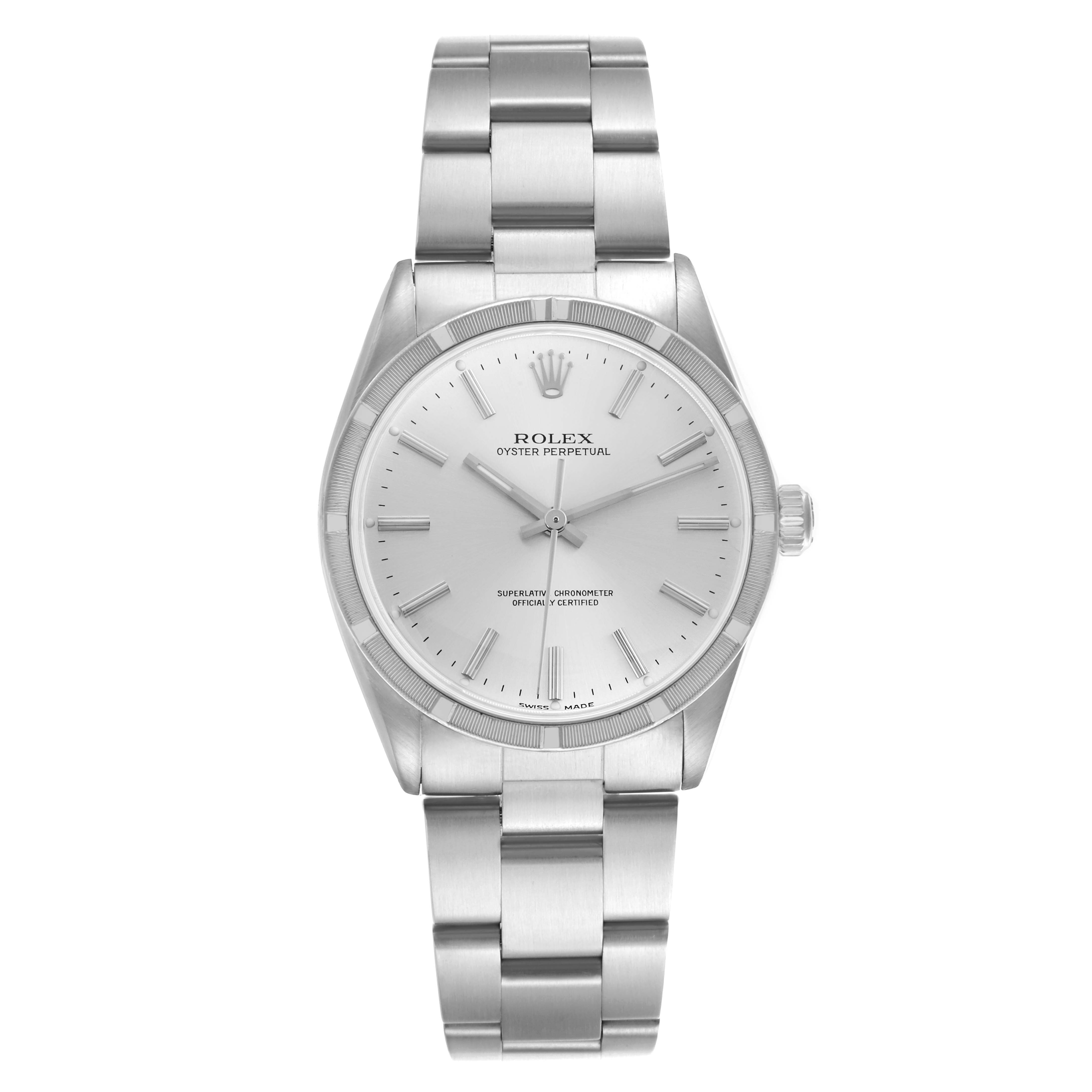 The Rolex Oyster Perpetual 1007 Men's Stainless Steel Silver Dial 1007 Men's Stainless Steel Silver Dial watch is shown from the front, displaying the face, bezel, and full bracelet.