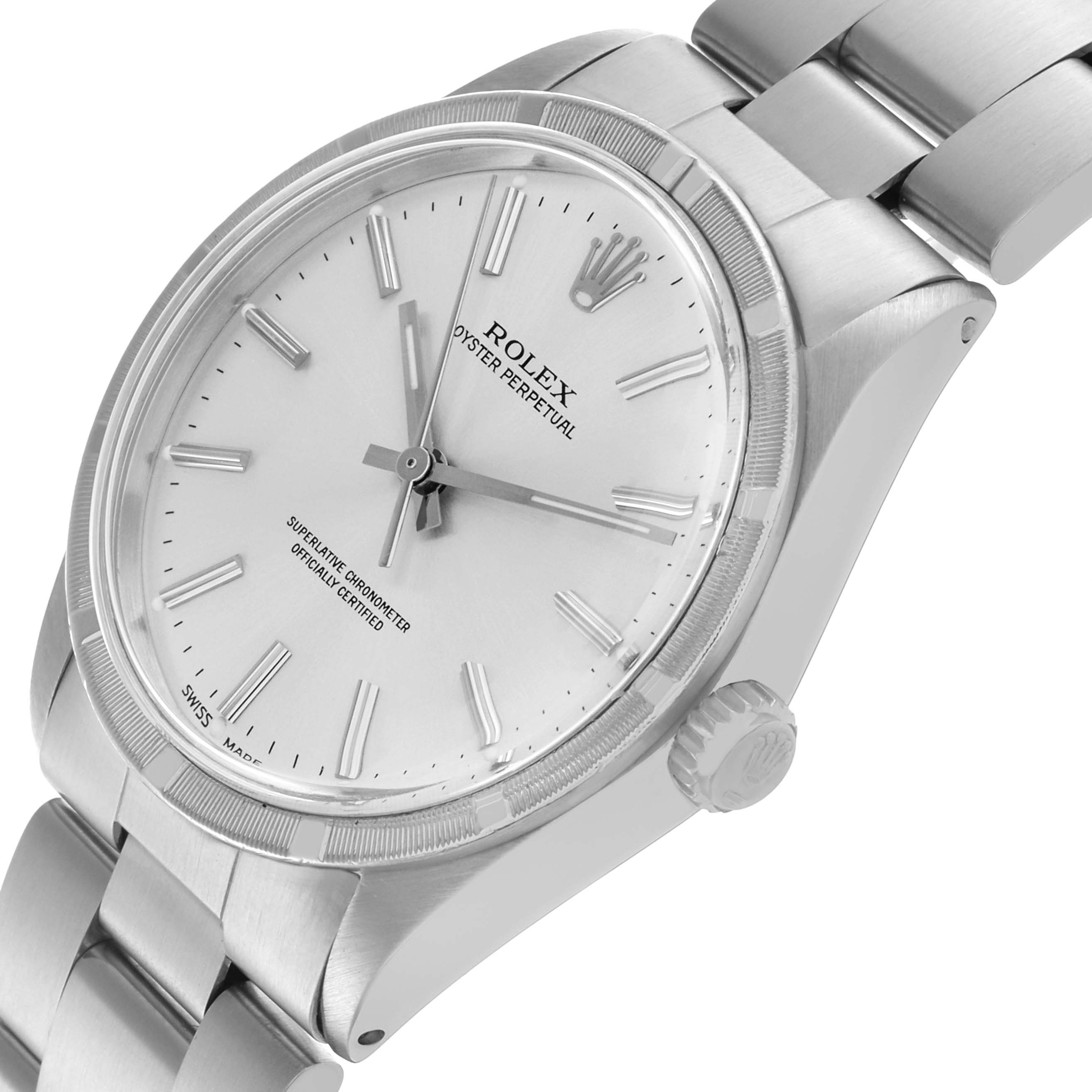 The Rolex Oyster Perpetual 1007 Men's Stainless Steel Silver Dial 1007 Men's Stainless Steel Silver Dial watch is shown at an angled side view, featuring the dial, crown, and part of the bracelet.