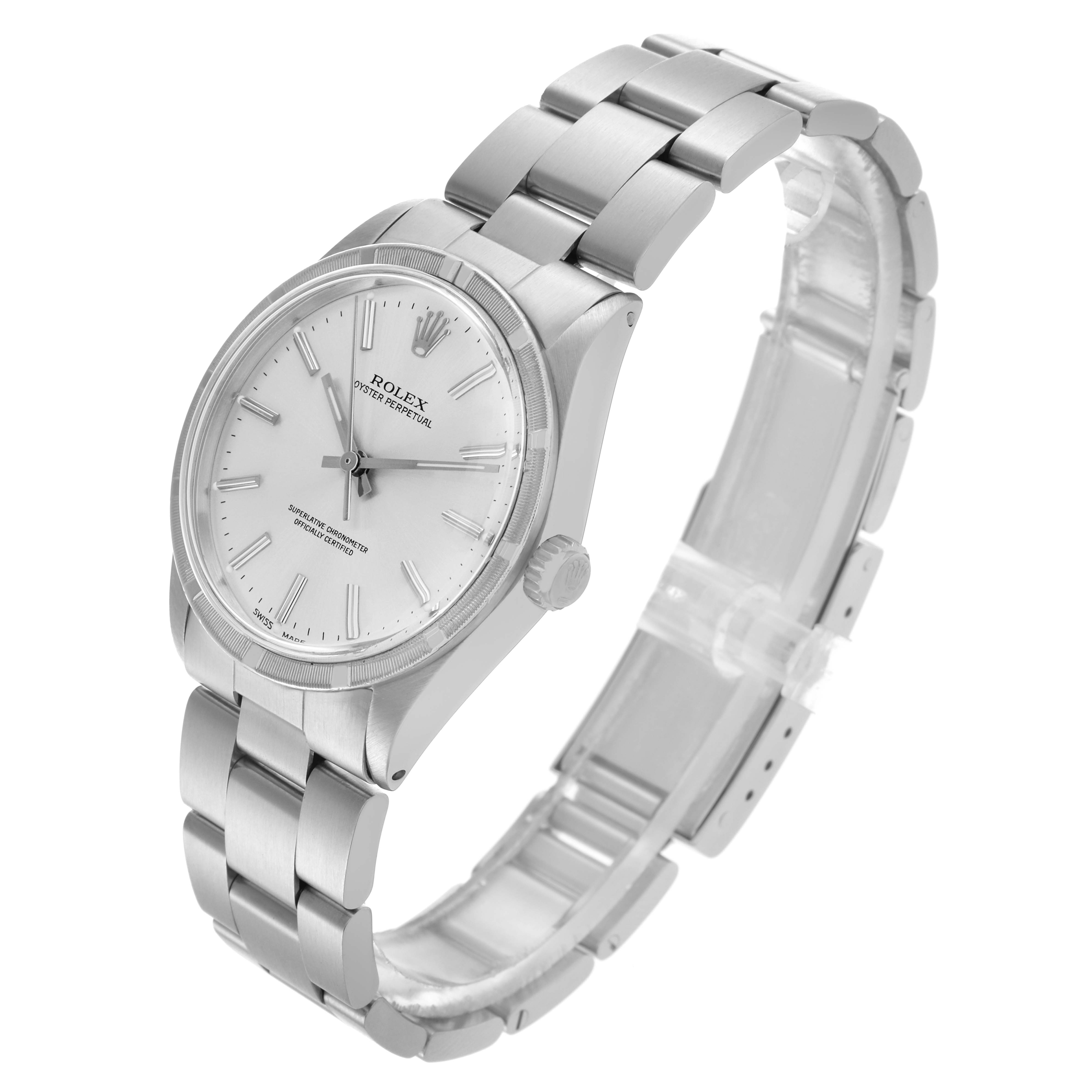 The Rolex Oyster Perpetual 1007 Men's Stainless Steel Silver Dial 1007 Men's Stainless Steel Silver Dial is shown at a three-quarter angle, displaying the dial, bracelet, and crown.