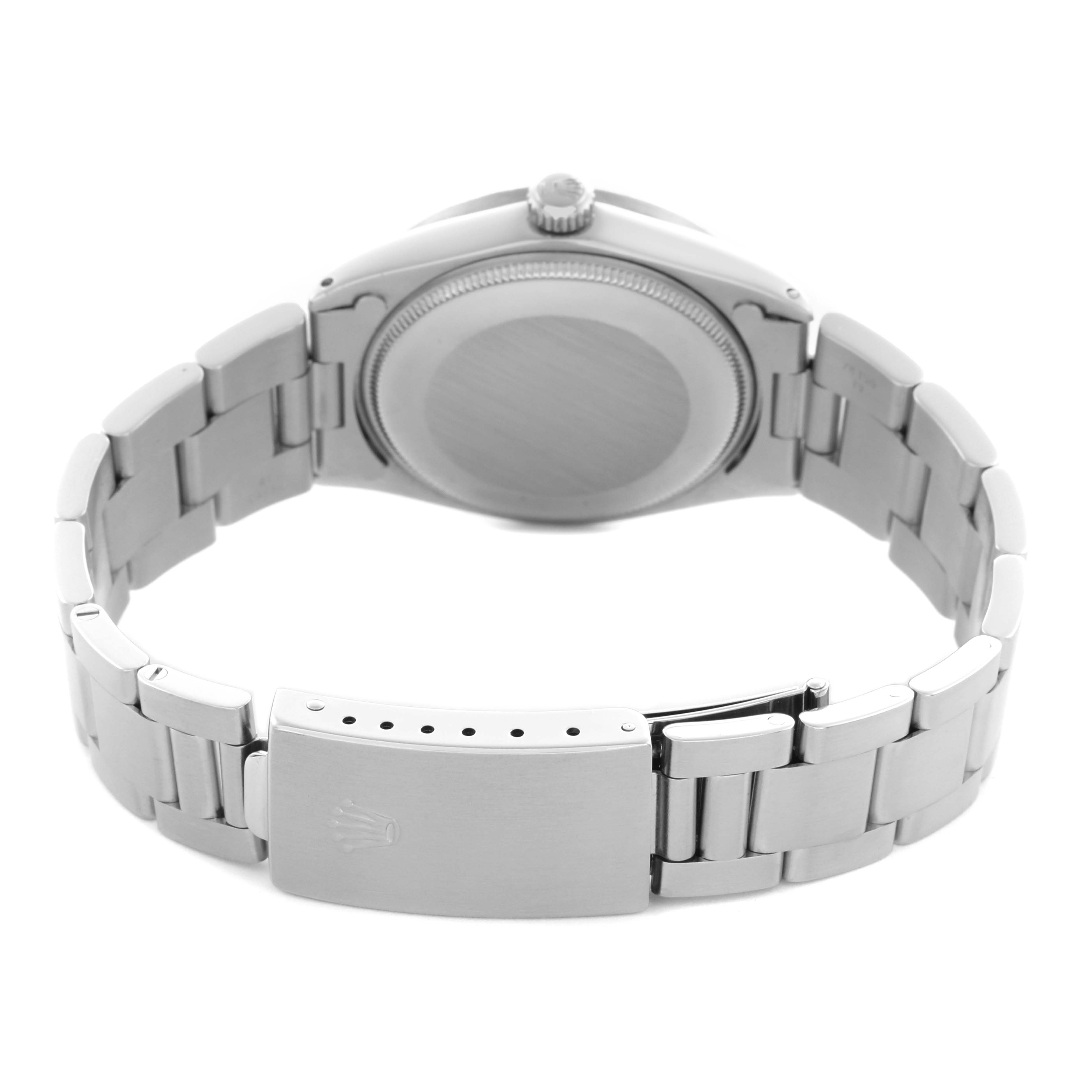 The image shows the back view of a Rolex Oyster Perpetual 1007 Men's Stainless Steel Silver Dial 1007 Men's Stainless Steel Silver Dial watch, highlighting its bracelet, clasp, and case back.