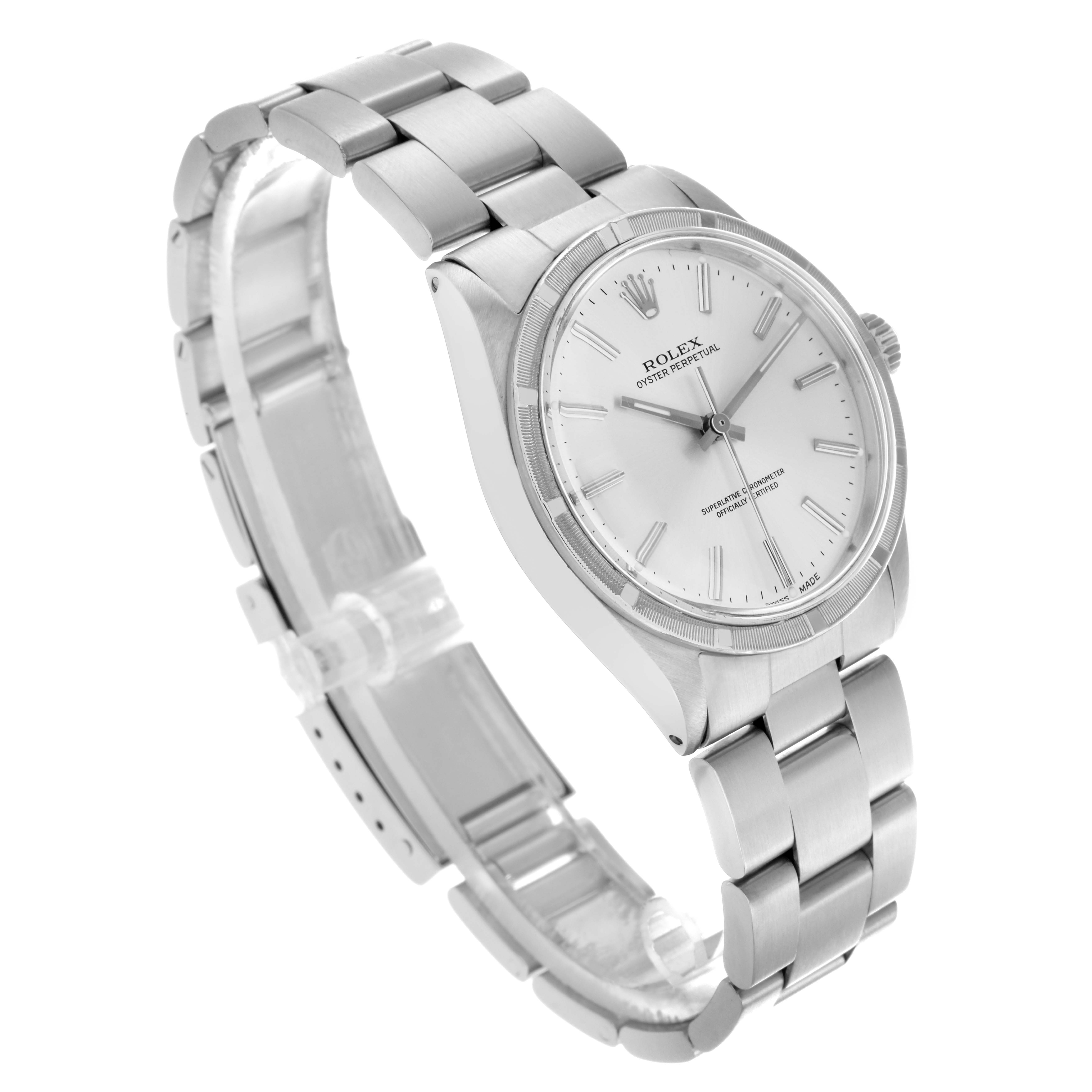 The Rolex Oyster Perpetual 1007 Men's Stainless Steel Silver Dial 1007 Men's Stainless Steel Silver Dial is shown at a three-quarter angle, highlighting the bracelet, case, and dial.