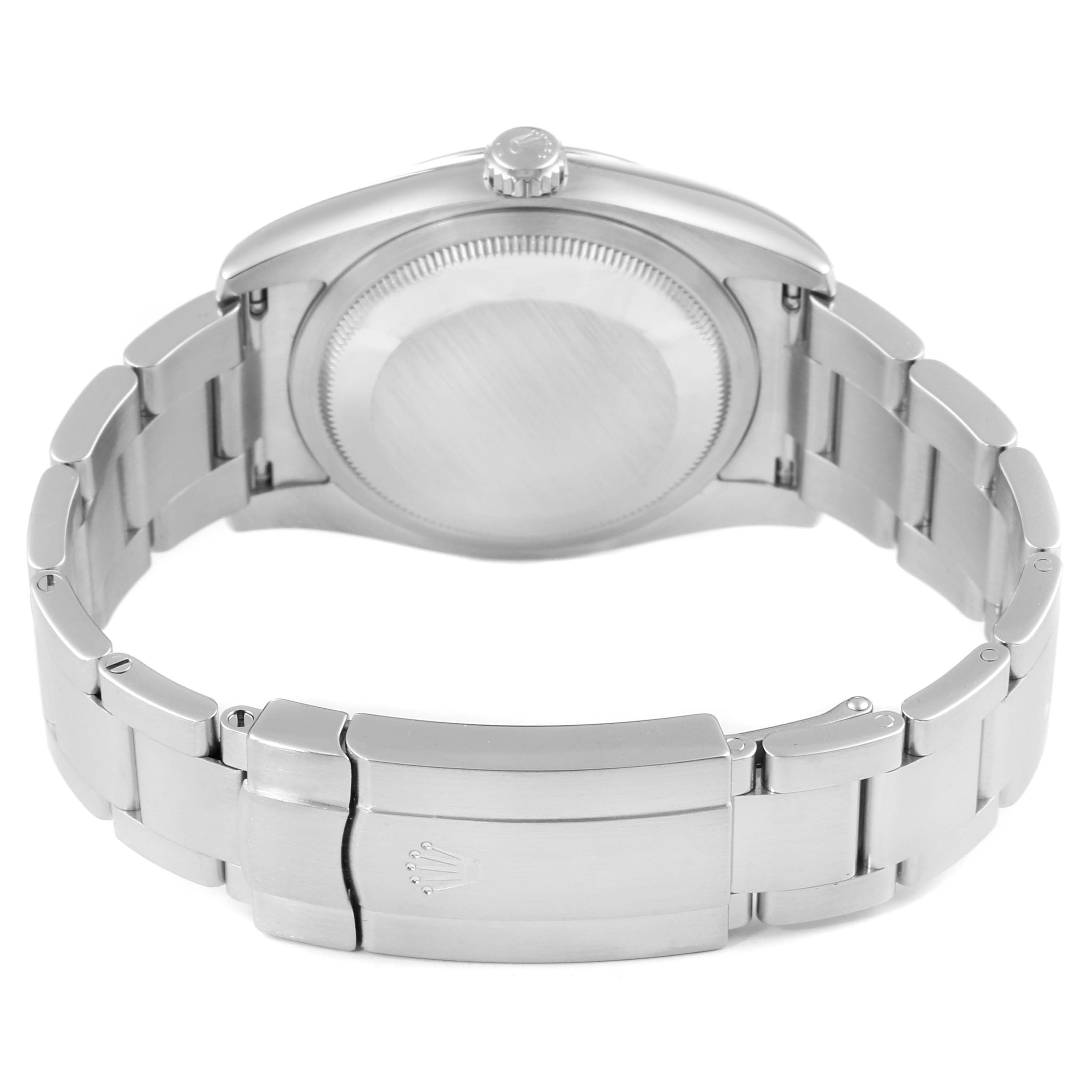 The image shows the back casing and stainless steel bracelet of a Rolex Oyster Perpetual 116000 Men's Stainless Steel Silver Dial 116000 Men's Stainless Steel Silver Dial watch.