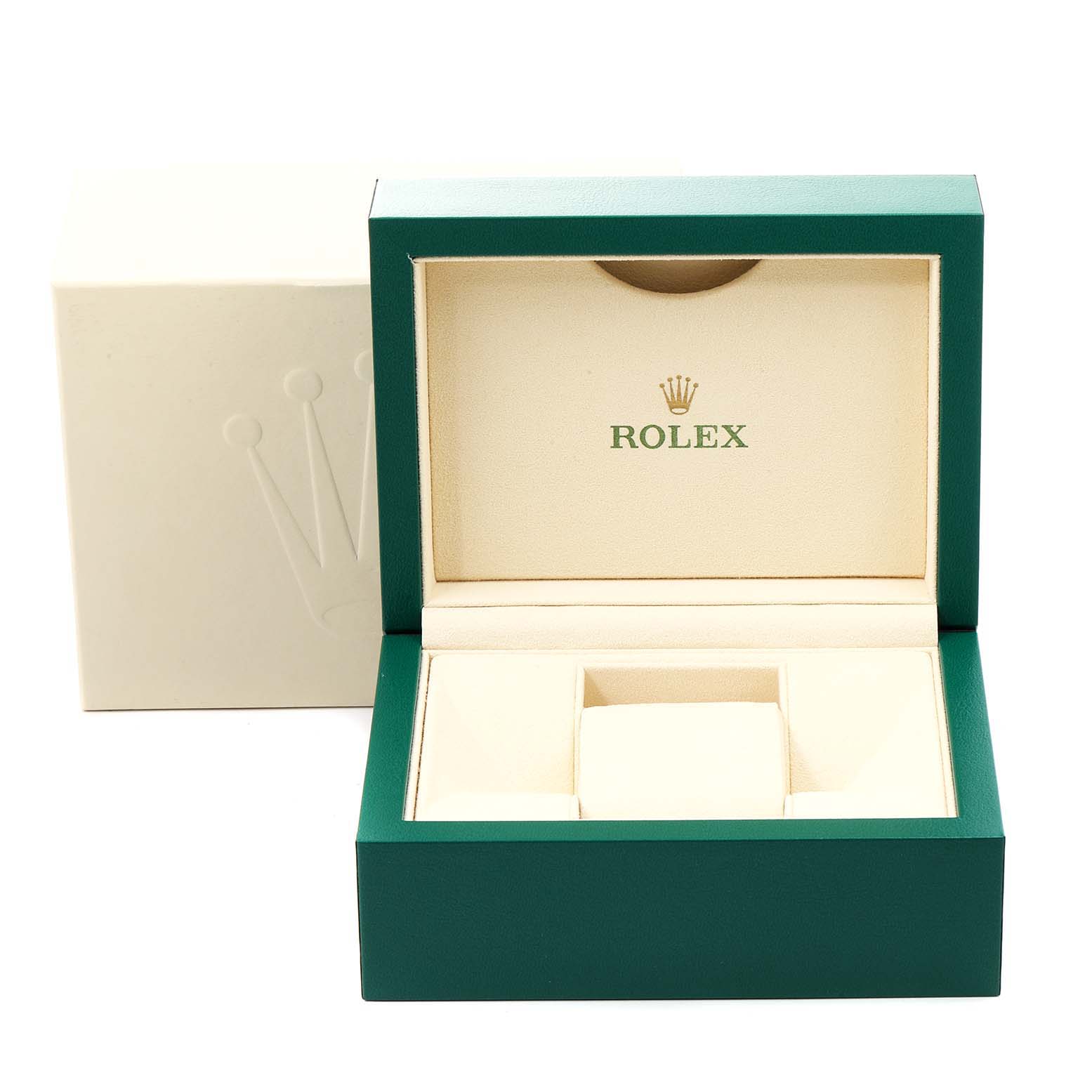 The image shows an open green and beige Rolex watch box for the Oyster Perpetual model, viewed from the front.