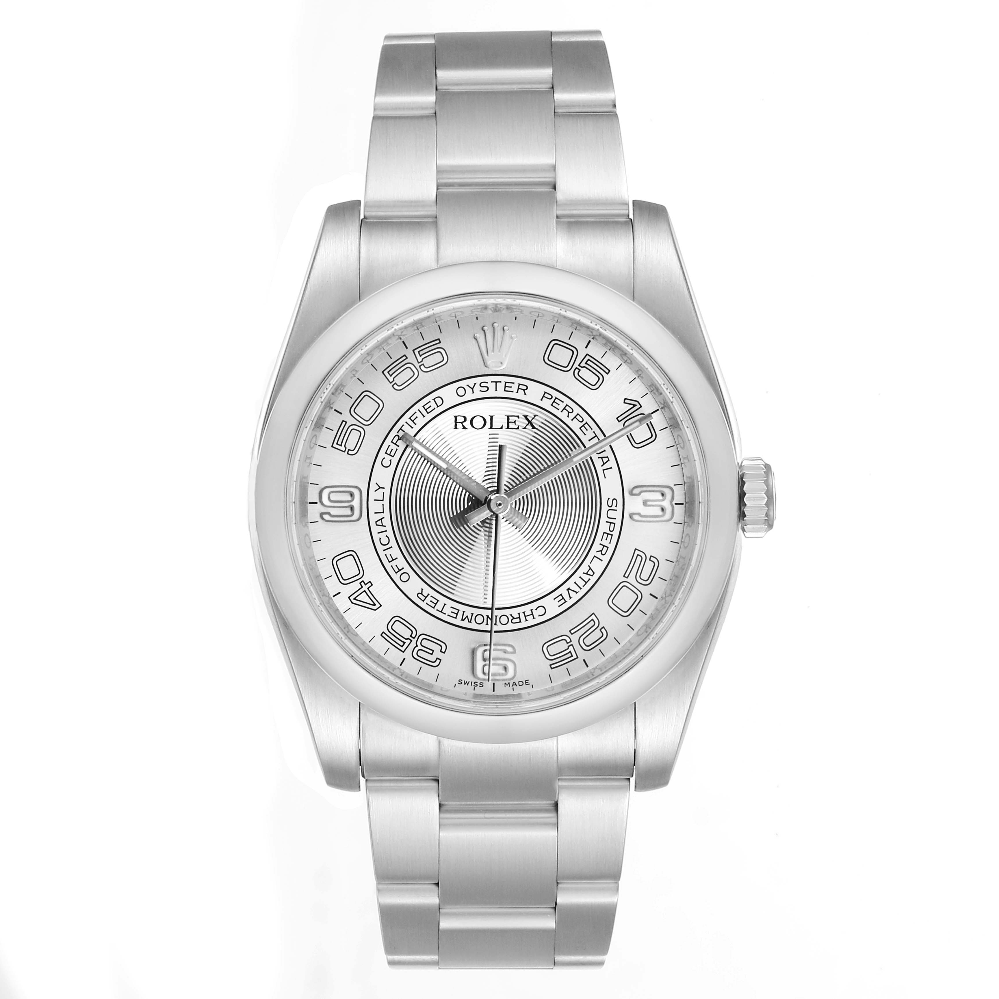 This image shows a front view of the Rolex Oyster Perpetual 116000 Men's Stainless Steel Silver Dial 116000 Men's Stainless Steel Silver Dial watch, displaying its face, bezel, dial, crown, and bracelet.