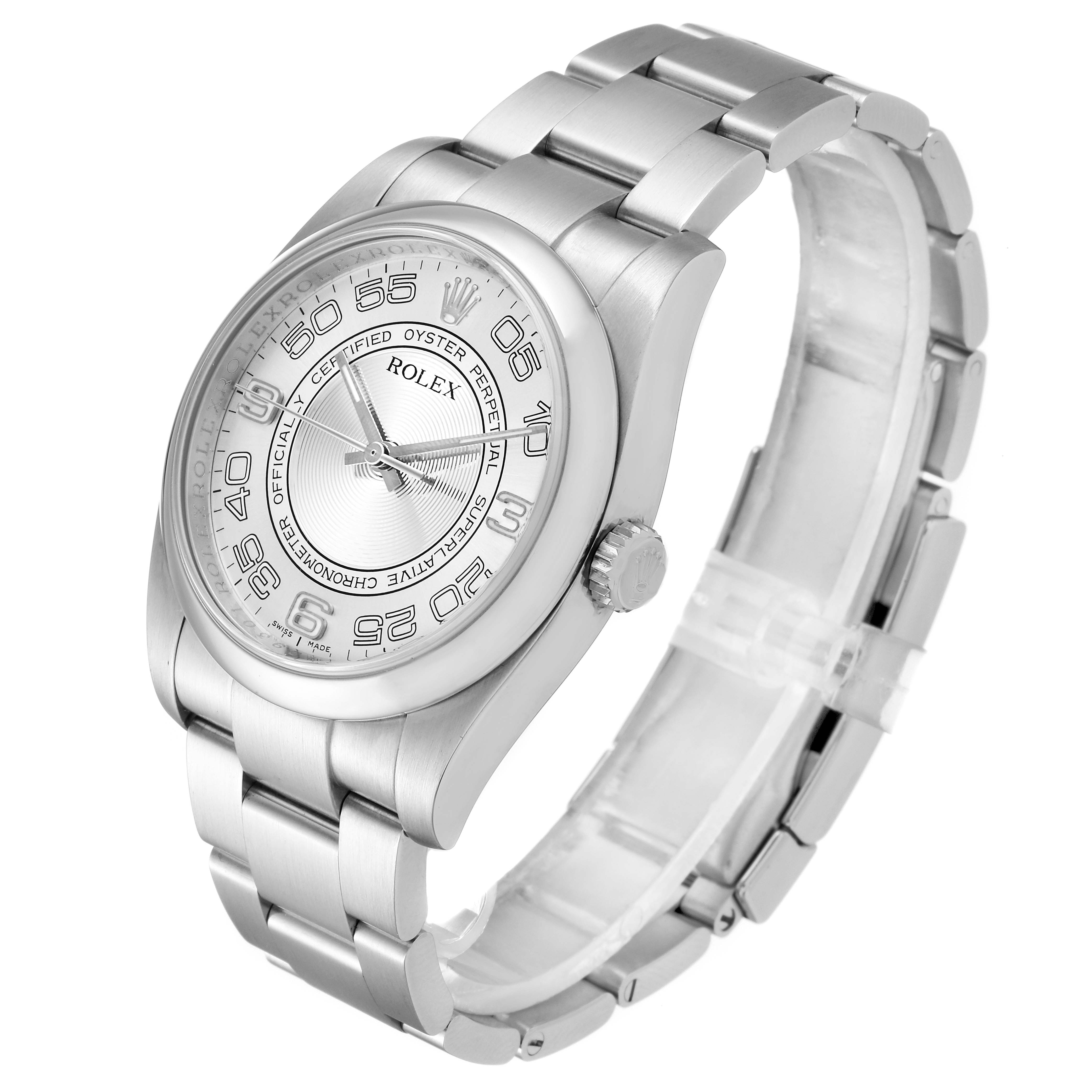 The Rolex Oyster Perpetual 116000 Men's Stainless Steel Silver Dial 116000 Men's Stainless Steel Silver Dial watch is shown at a three-quarter angle, highlighting its bracelet, bezel, and crown.