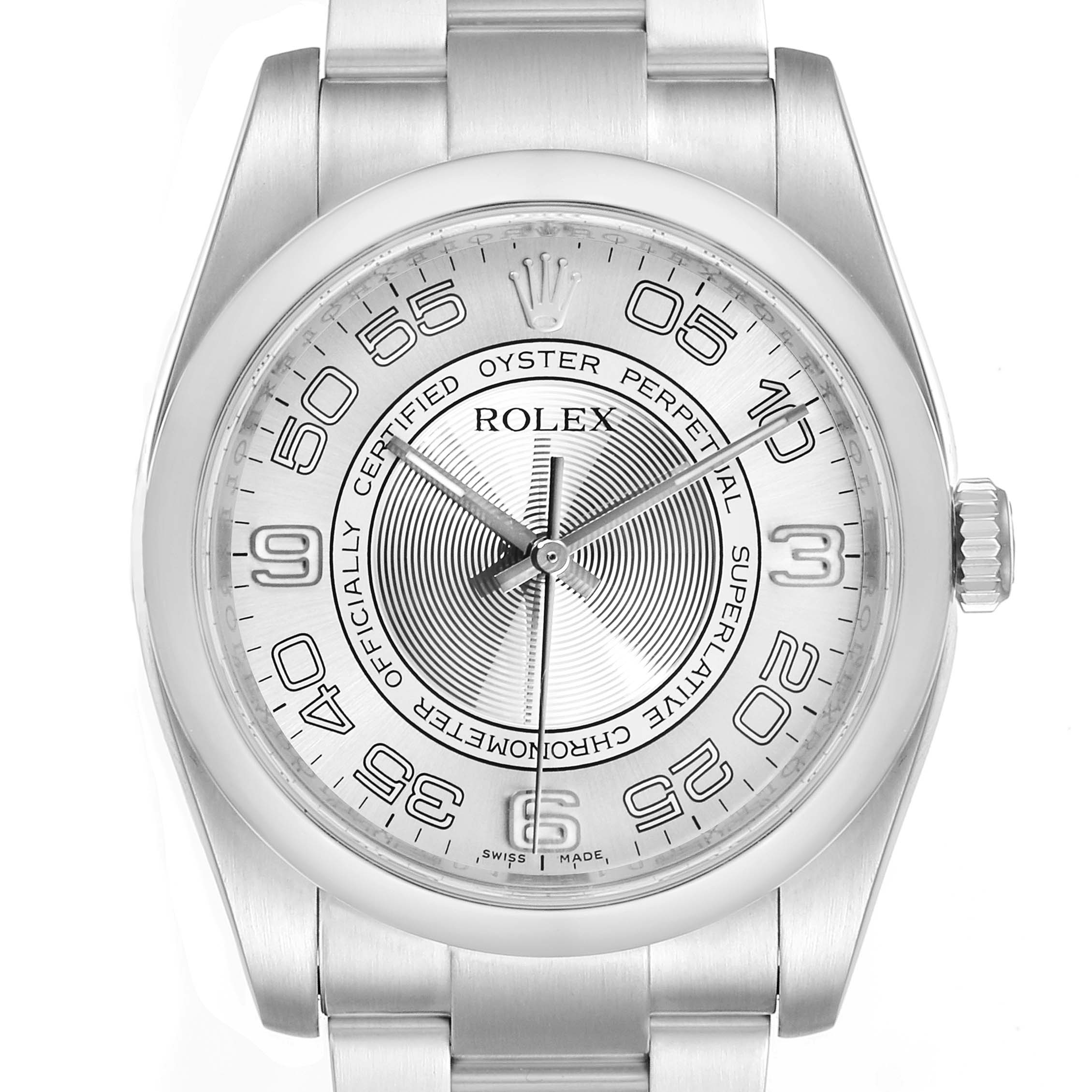 This image shows a front view of the Rolex Oyster Perpetual 116000 Men's Stainless Steel Silver Dial 116000 Men's Stainless Steel Silver Dial watch, displaying the dial, bezel, and part of the bracelet.