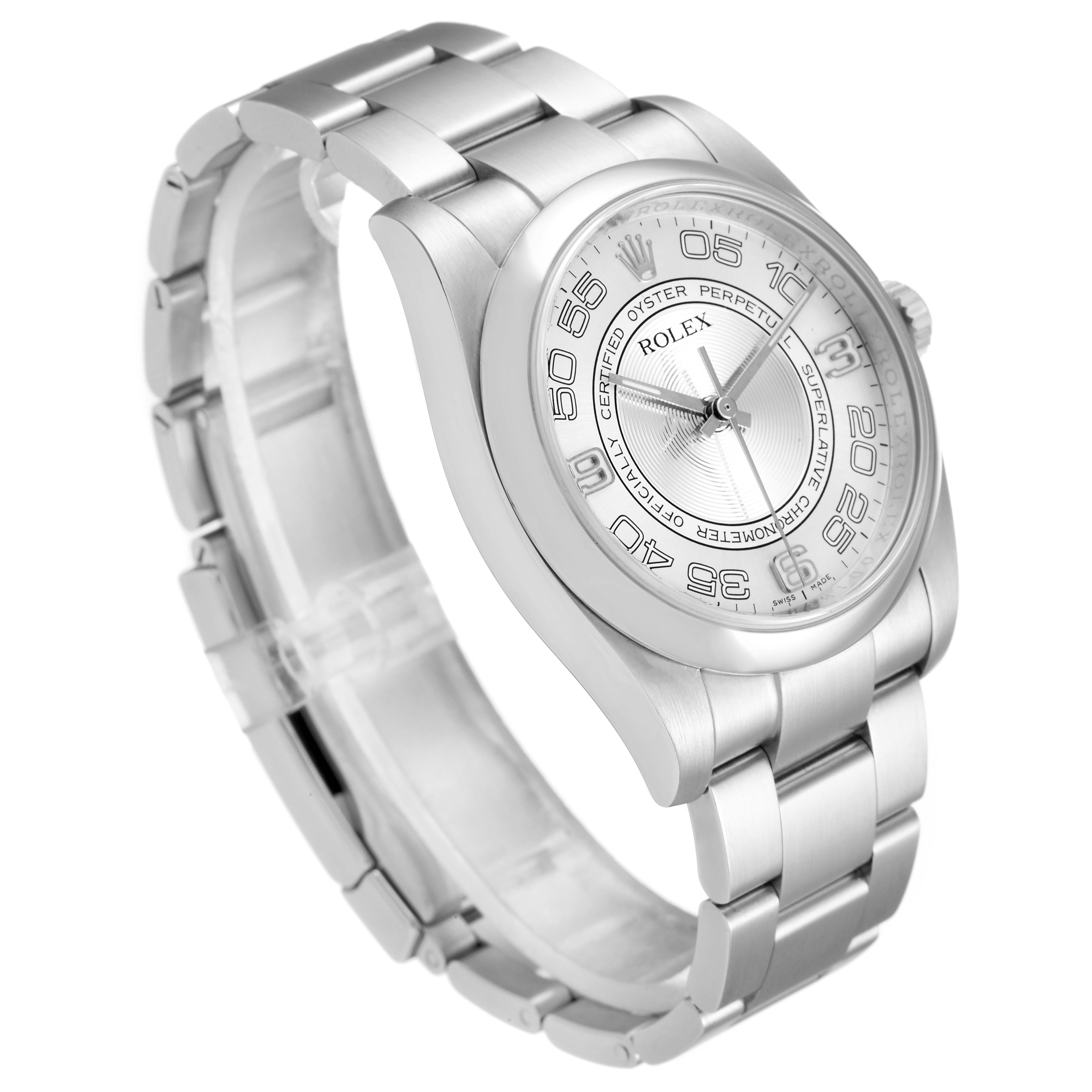 The image shows a side angle of a Rolex Oyster Perpetual 116000 Men's Stainless Steel Silver Dial 116000 Men's Stainless Steel Silver Dial watch, highlighting the bracelet, case, and dial.