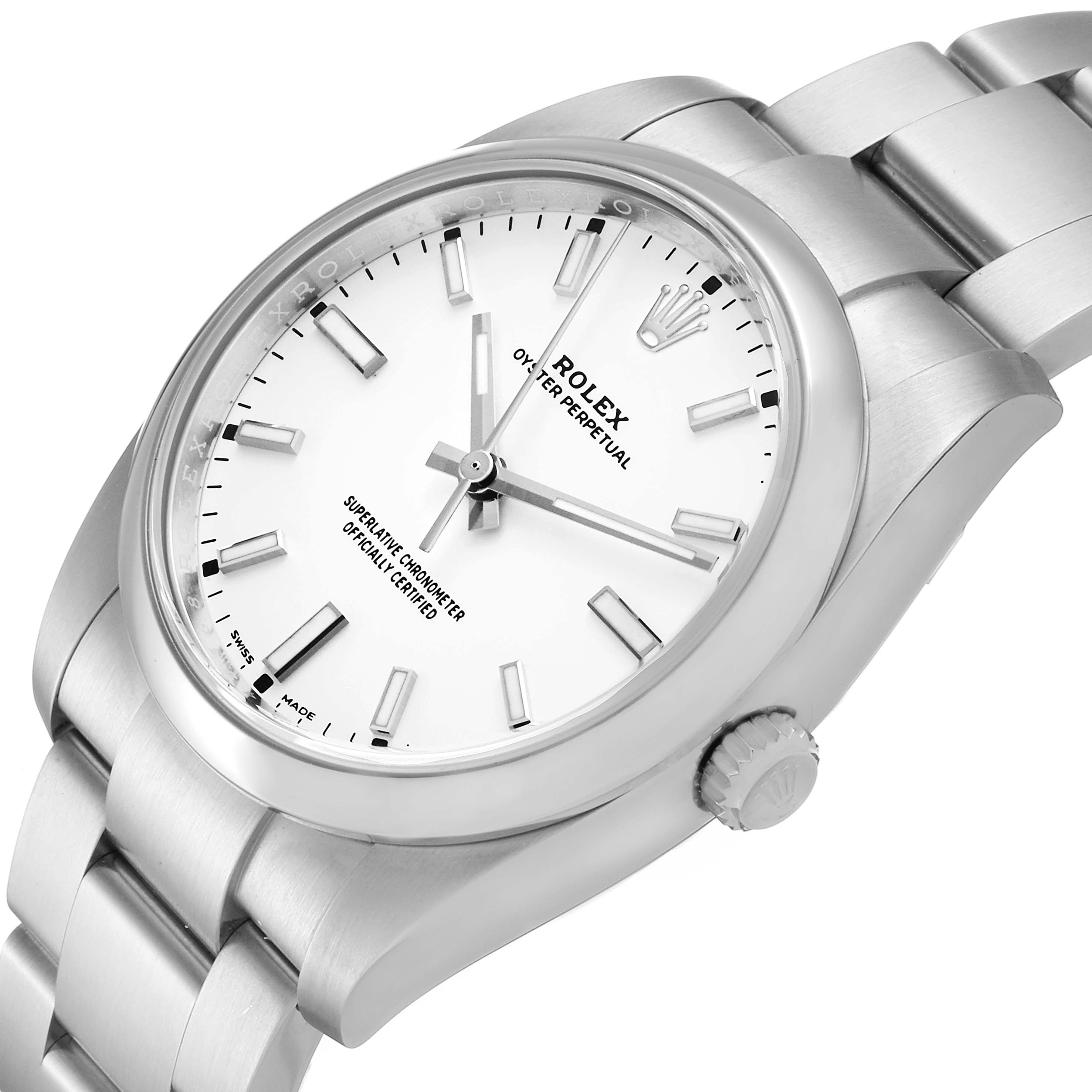 This Rolex Oyster Perpetual 114200 Men's Stainless Steel White Dial 114200 Men's Stainless Steel White Dial watch is shown at a three-quarter angle highlighting the face, bezel, crown, and part of the bracelet.