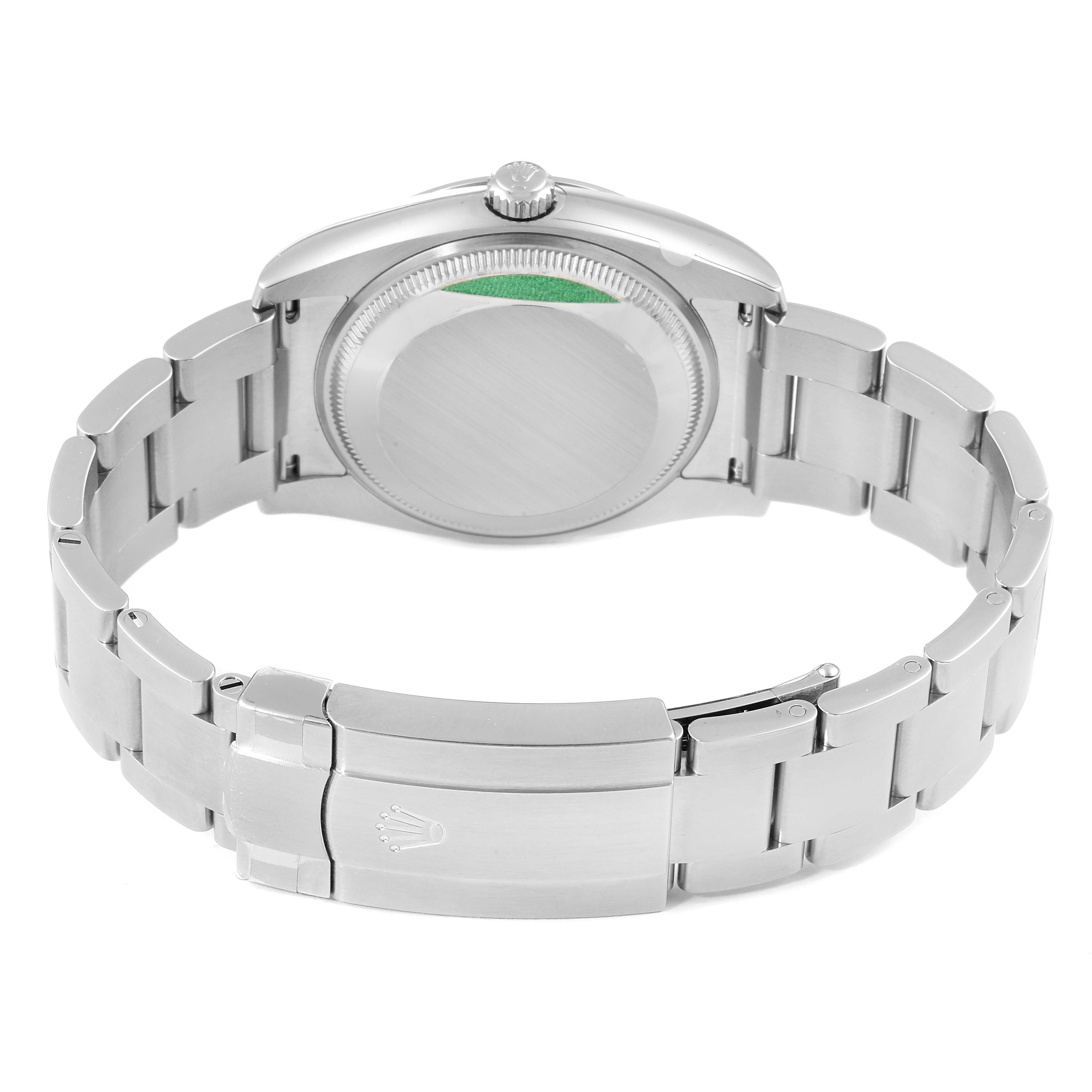 This image shows the back and bracelet clasp of a Rolex Oyster Perpetual 114200 Men's Stainless Steel White Dial 114200 Men's Stainless Steel White Dial watch.