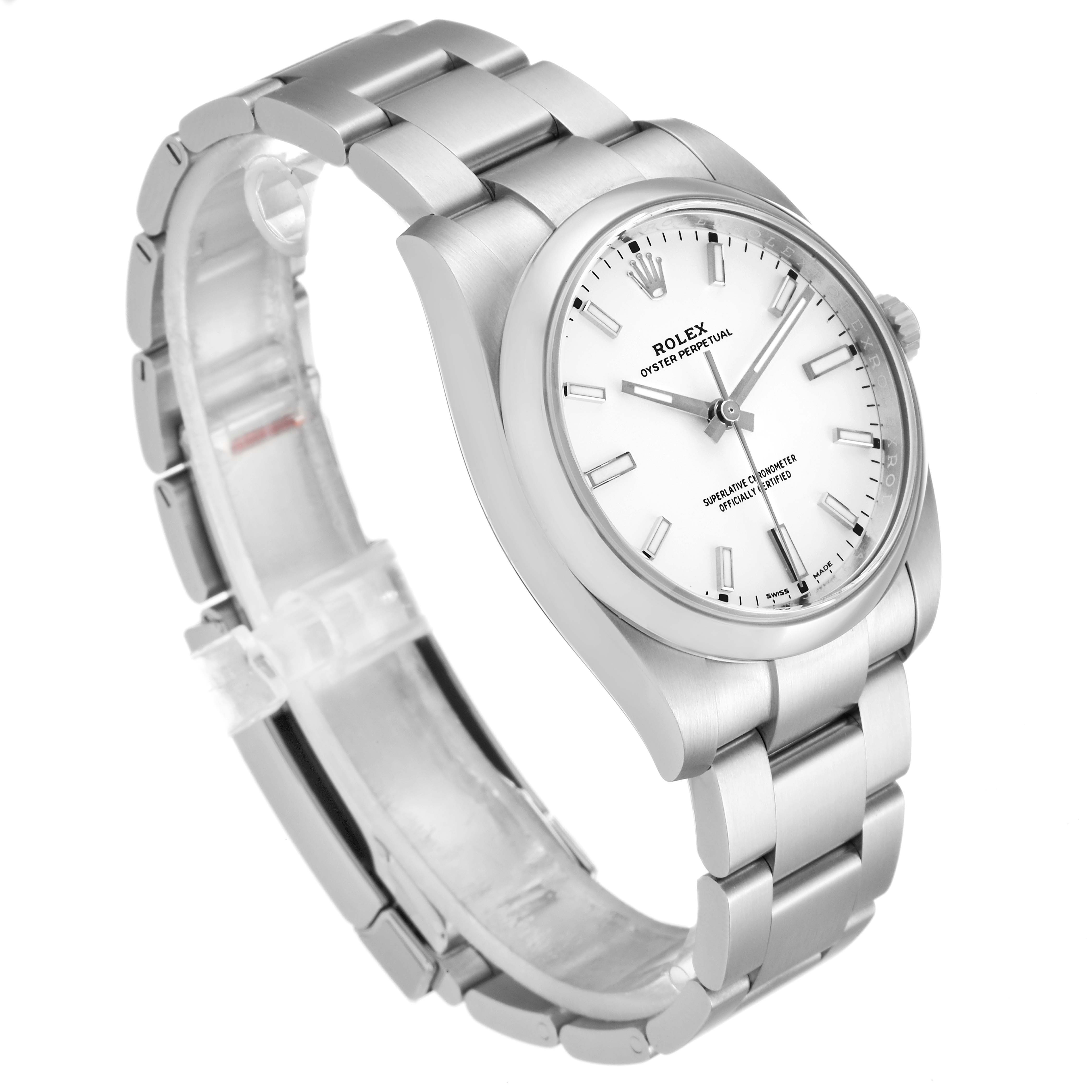 The image shows a Rolex Oyster Perpetual 114200 Men's Stainless Steel White Dial 114200 Men's Stainless Steel White Dial watch from a side angle, highlighting the bracelet, case, and dial.