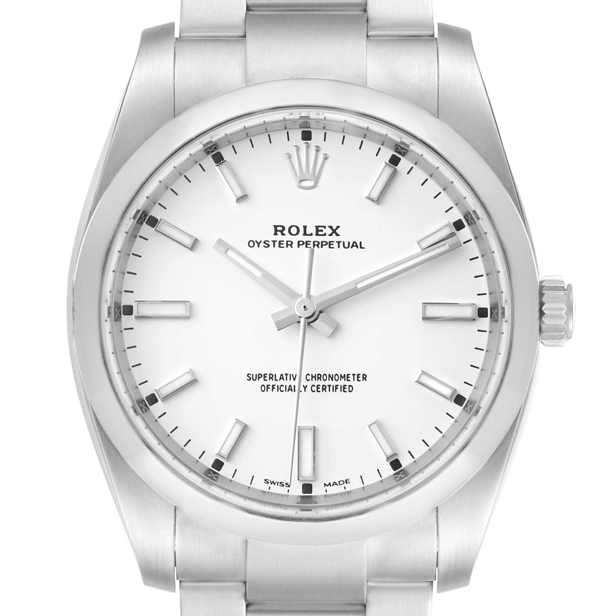 The image shows a frontal view of the Rolex Oyster Perpetual 114200 Men's Stainless Steel White Dial 114200 Men's Stainless Steel White Dial watch, highlighting its white dial, hands, and bracelet.