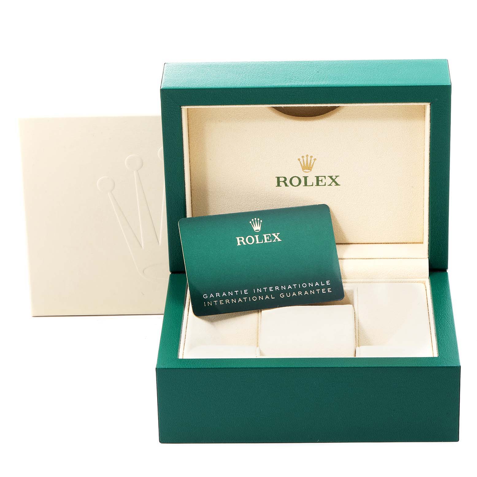 The image shows the packaging and guarantee card for a Rolex Oyster Perpetual 114200 Men's Stainless Steel White Dial 114200 Men's Stainless Steel White Dial watch, including the green box and beige interior.
