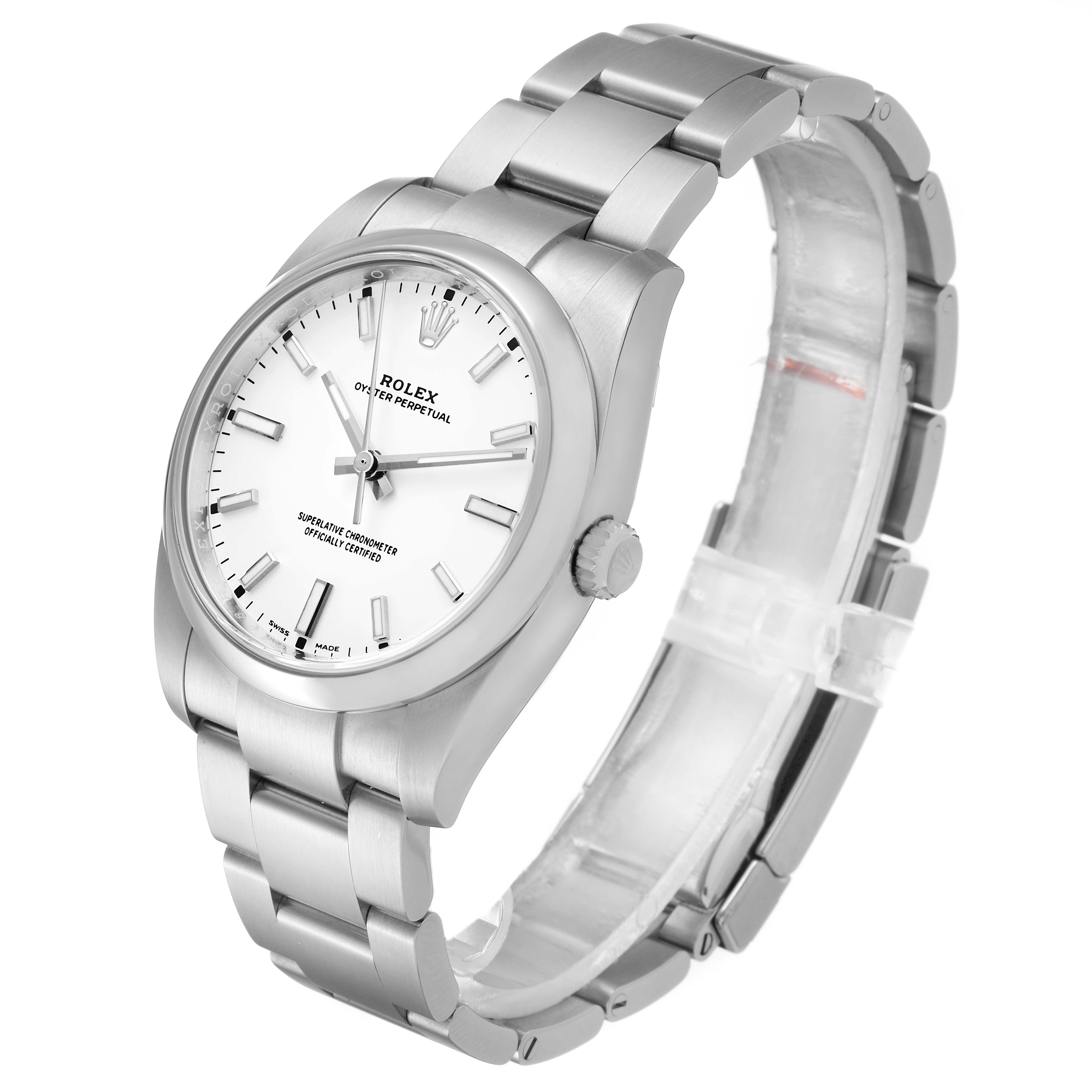 The image shows a Rolex Oyster Perpetual 114200 Men's Stainless Steel White Dial 114200 Men's Stainless Steel White Dial watch at a three-quarter angle, displaying the face, crown, and bracelet.