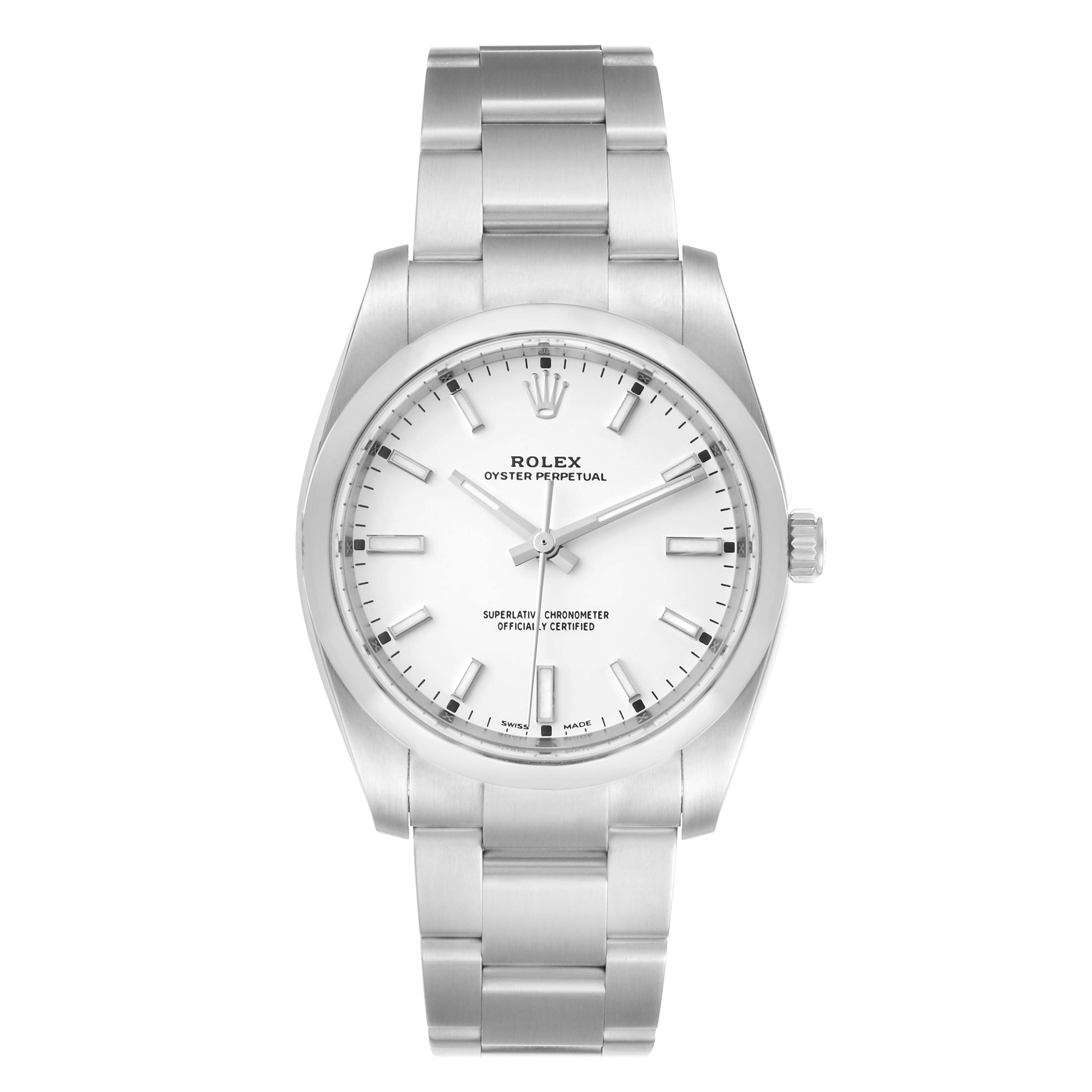 This image shows a front view of a Rolex Oyster Perpetual 114200 Men's Stainless Steel White Dial 114200 Men's Stainless Steel White Dial watch, displaying its dial, bezel, and bracelet.