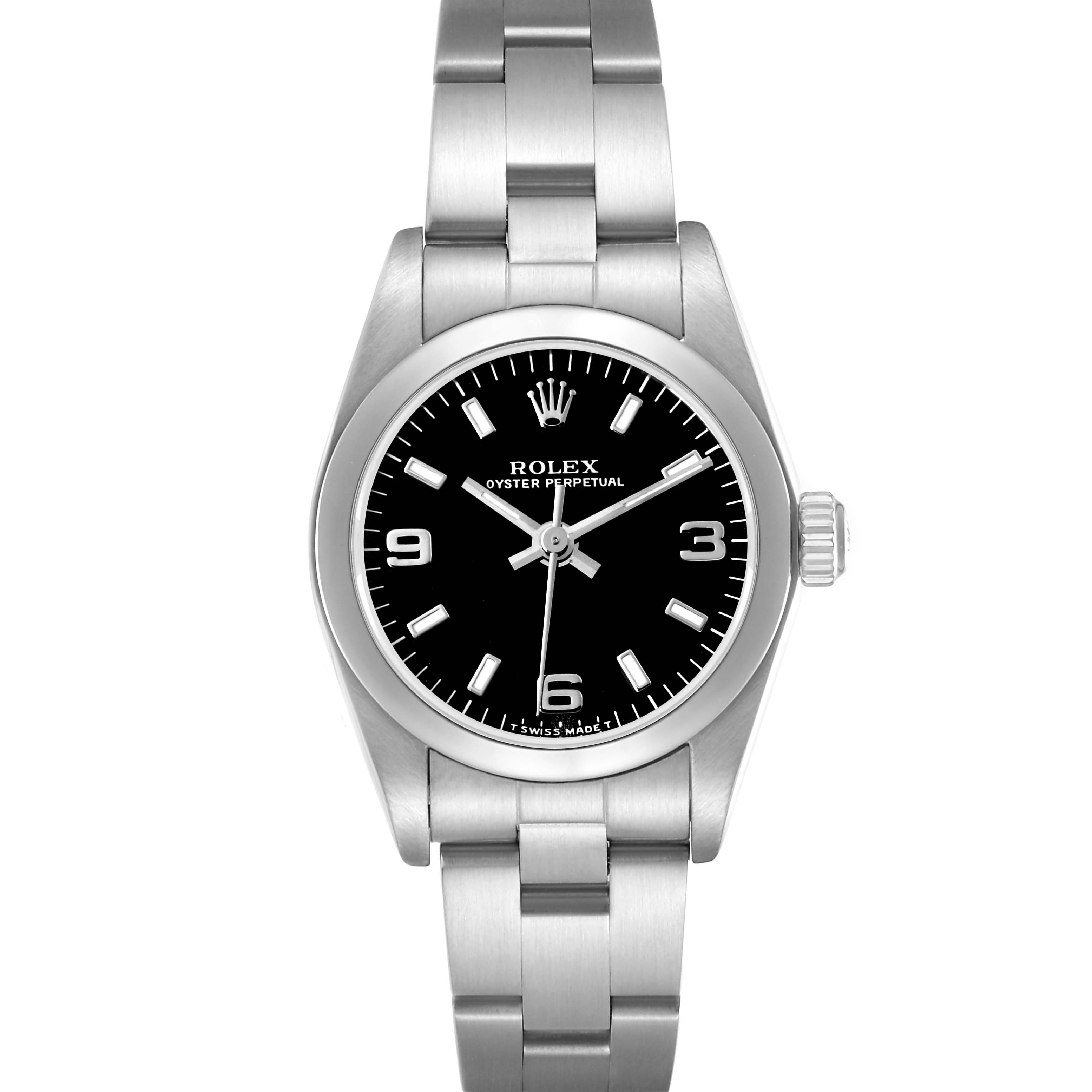 The Rolex Oyster Perpetual 76080 Women's Stainless Steel Black Dial watch is shown from a top view, displaying the face, bezel, and bracelet.
