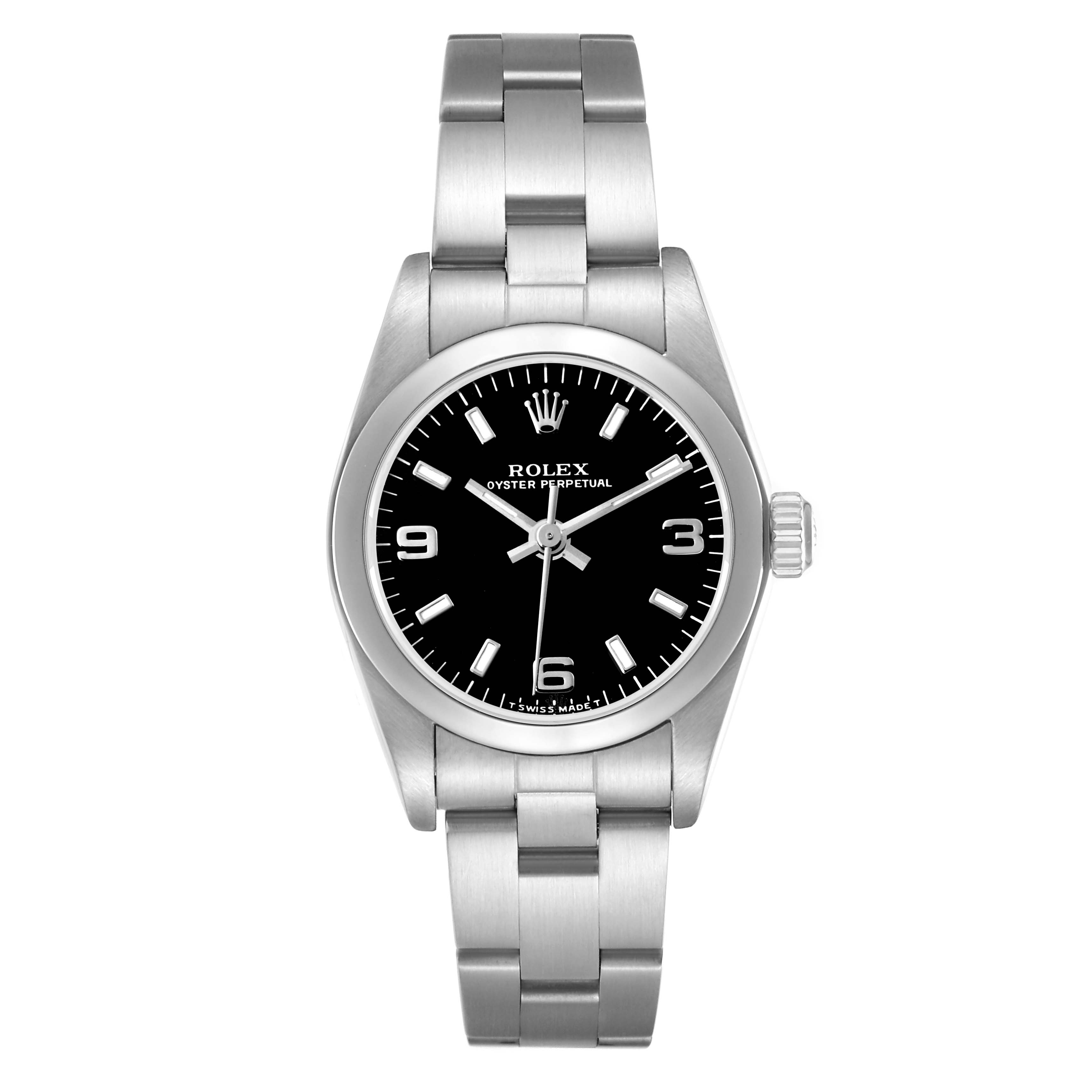 The Rolex Oyster Perpetual 76080 Women's Stainless Steel Black Dial watch is shown from the front, displaying its face, bezel, bracelet, and crown.