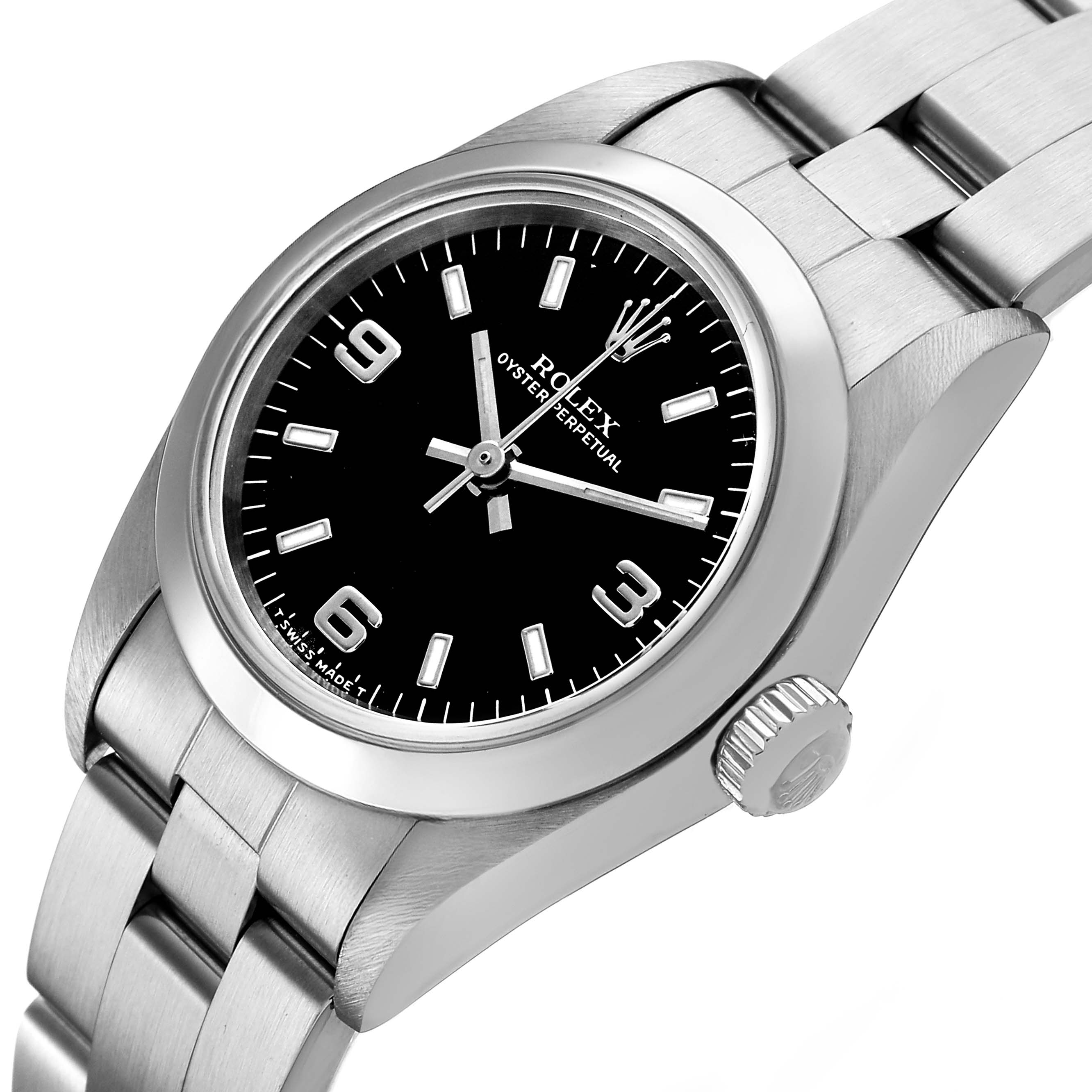 The image shows a Rolex Oyster Perpetual 76080 Women's Stainless Steel Black Dial watch angled slightly from the front, displaying the bracelet, black dial, bezel, and crown.