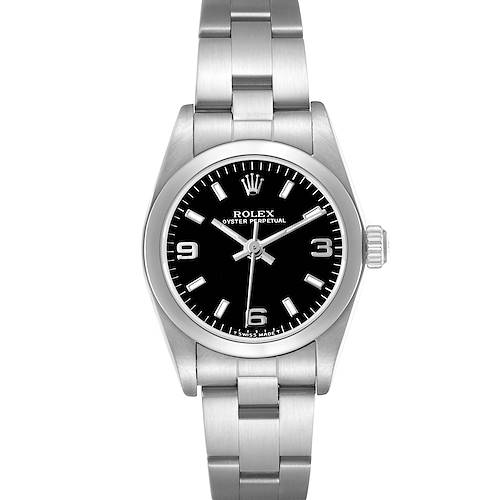 The Rolex Oyster Perpetual 76080 Women's Stainless Steel Black Dial watch is shown from a top-down angle, displaying the face, bezel, and bracelet.