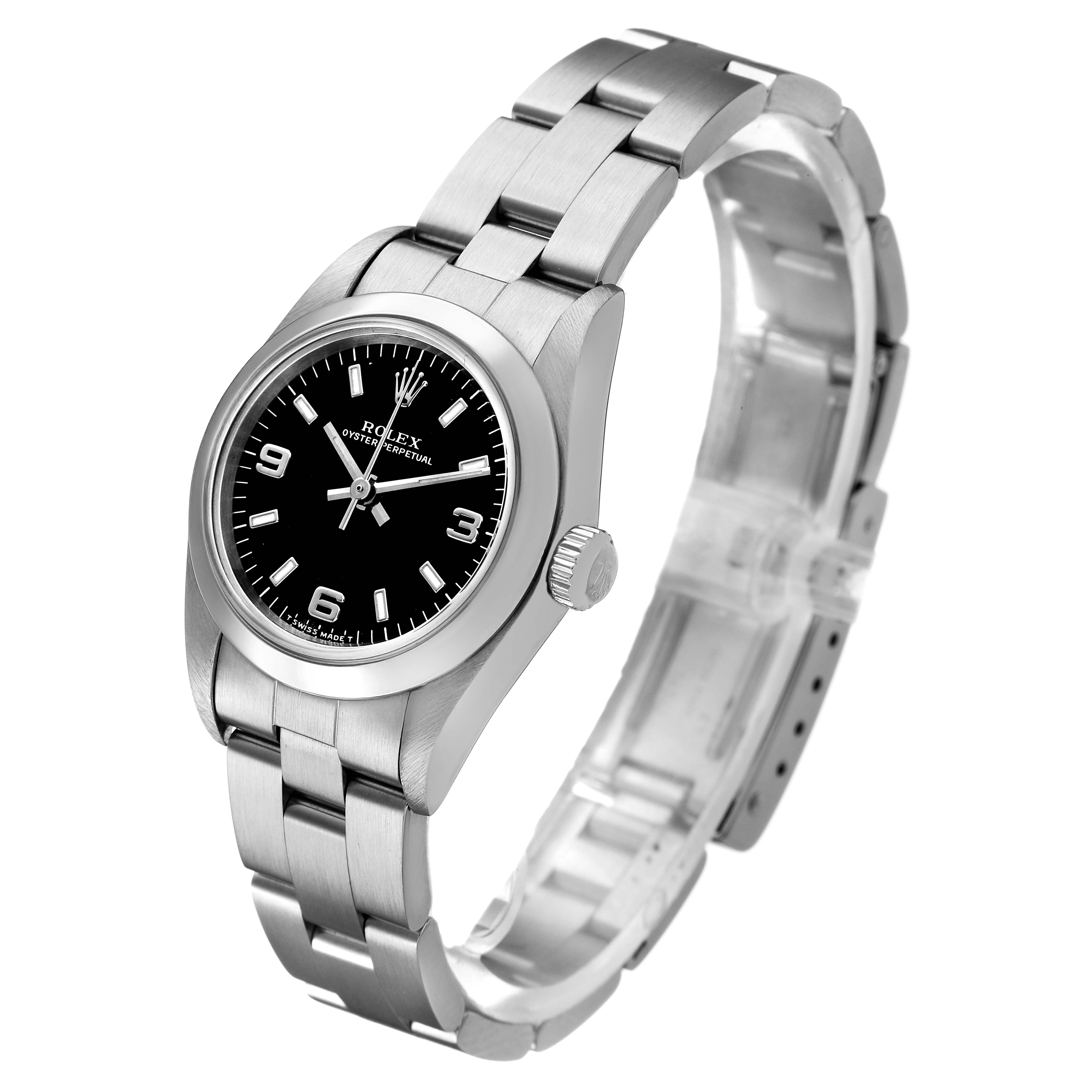 The Rolex Oyster Perpetual 76080 Women's Stainless Steel Black Dial watch is shown from an angled side view, displaying the face, bezel, crown, and bracelet.