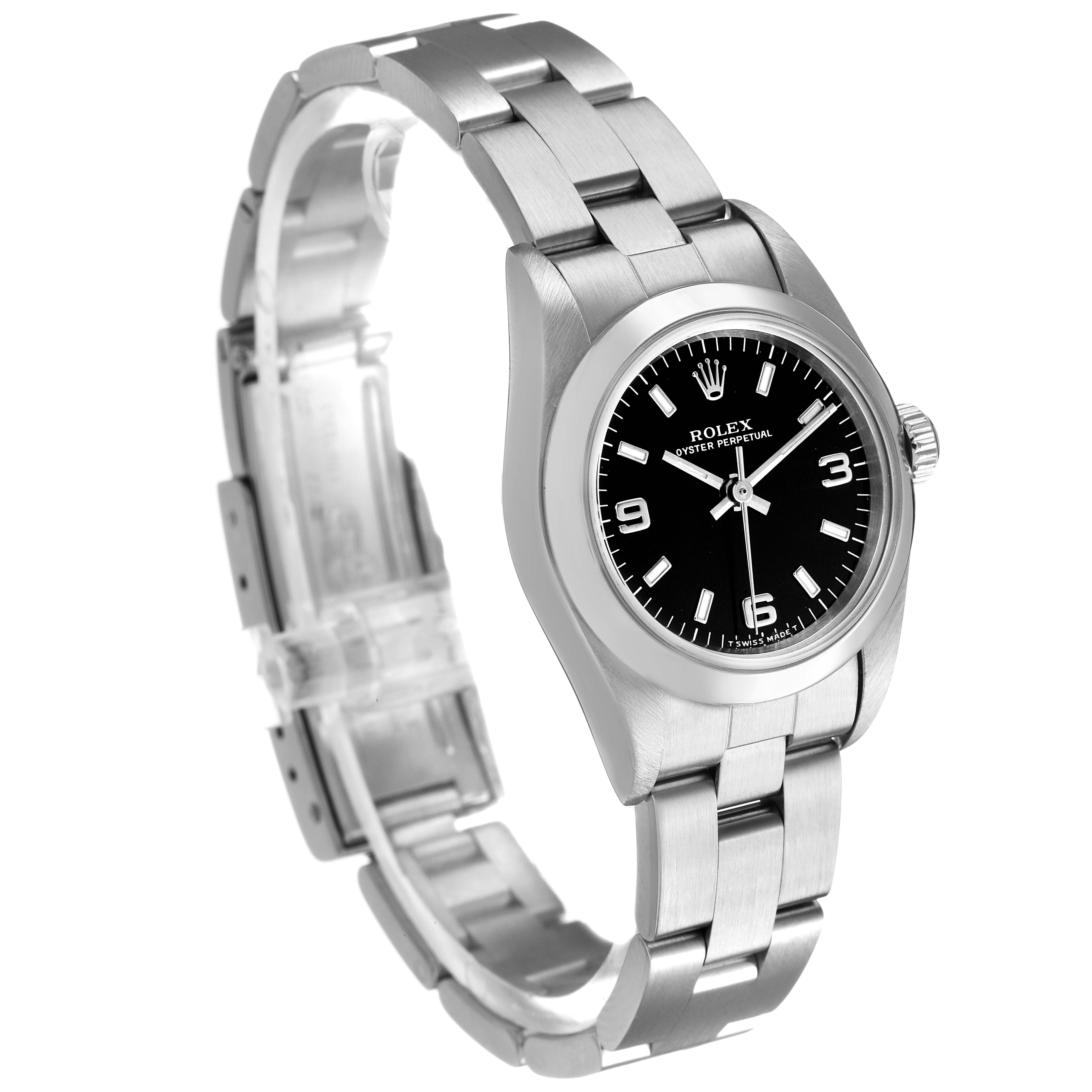 The Rolex Oyster Perpetual 76080 Women's Stainless Steel Black Dial watch is shown at a three-quarter angle, highlighting the bracelet, dial, case, and crown.