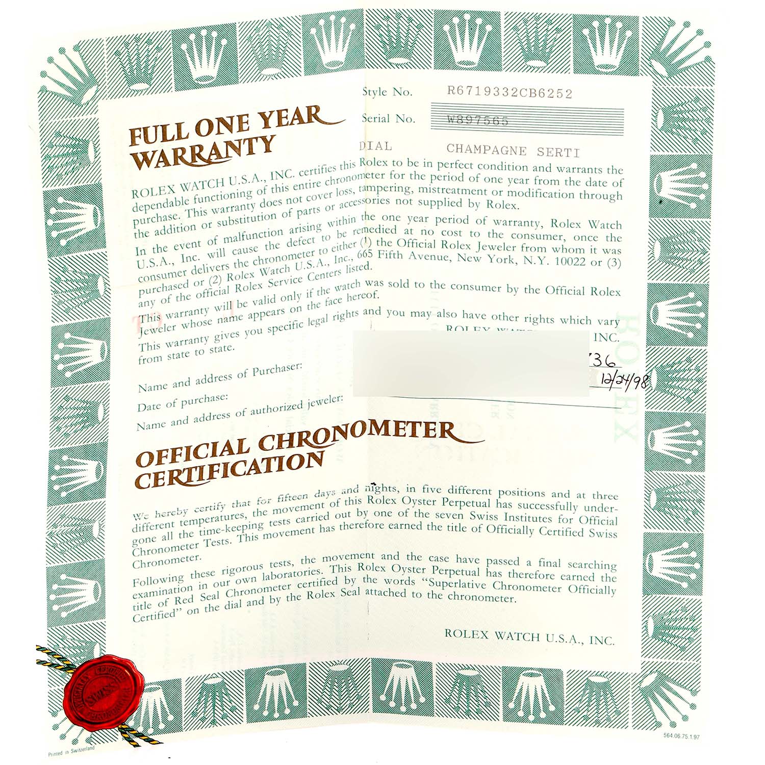 The image shows a full one-year warranty and official chronometer certification for a Rolex Oyster Perpetual 67193 Women's Stainless Steel Champagne Dial 67193 Women's Stainless Steel Champagne Dial watch.