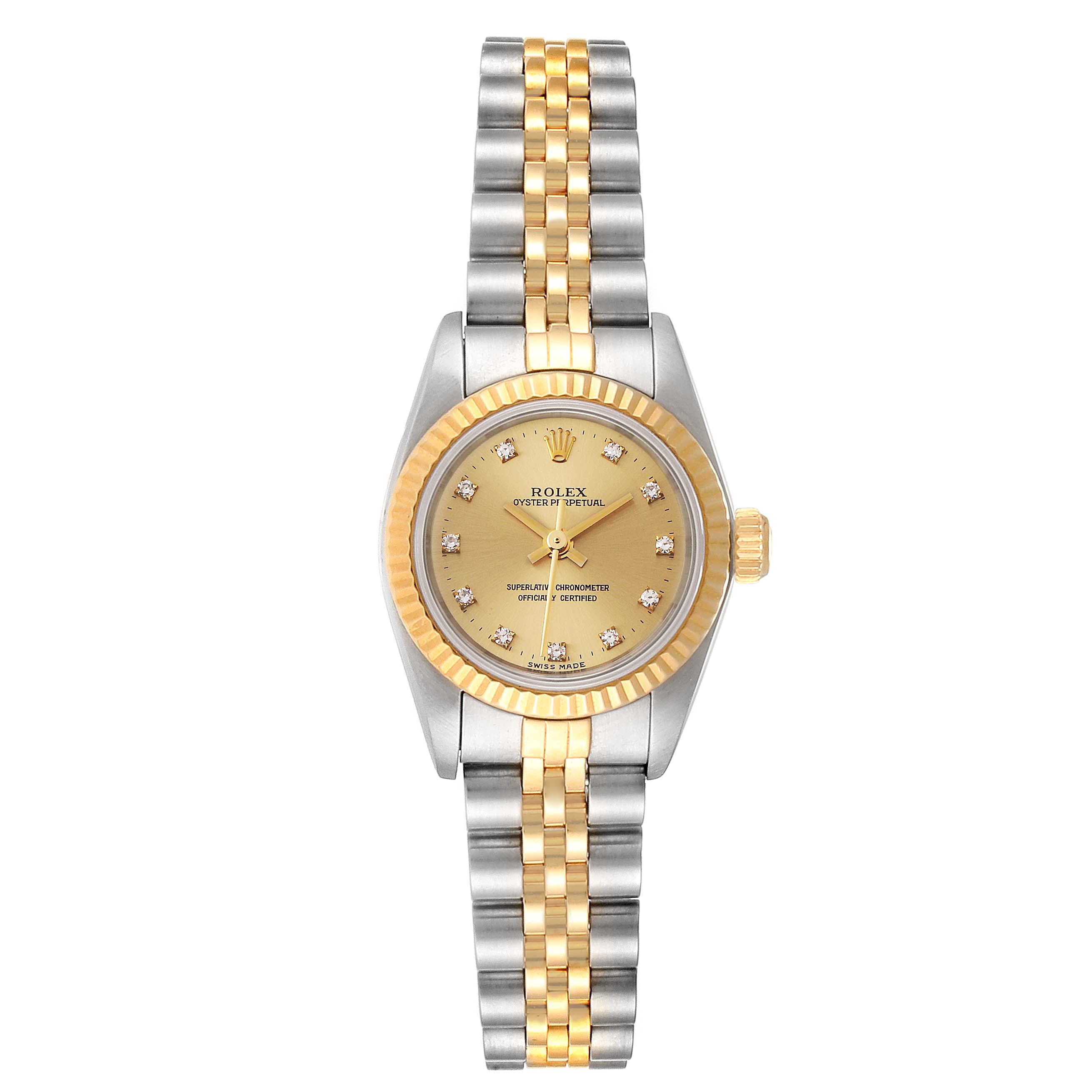 This image shows a front view of the Rolex Oyster Perpetual 67193 Women's Stainless Steel Champagne Dial 67193 Women's Stainless Steel Champagne Dial watch, highlighting its gold and silver bracelet, dial, and bezel.