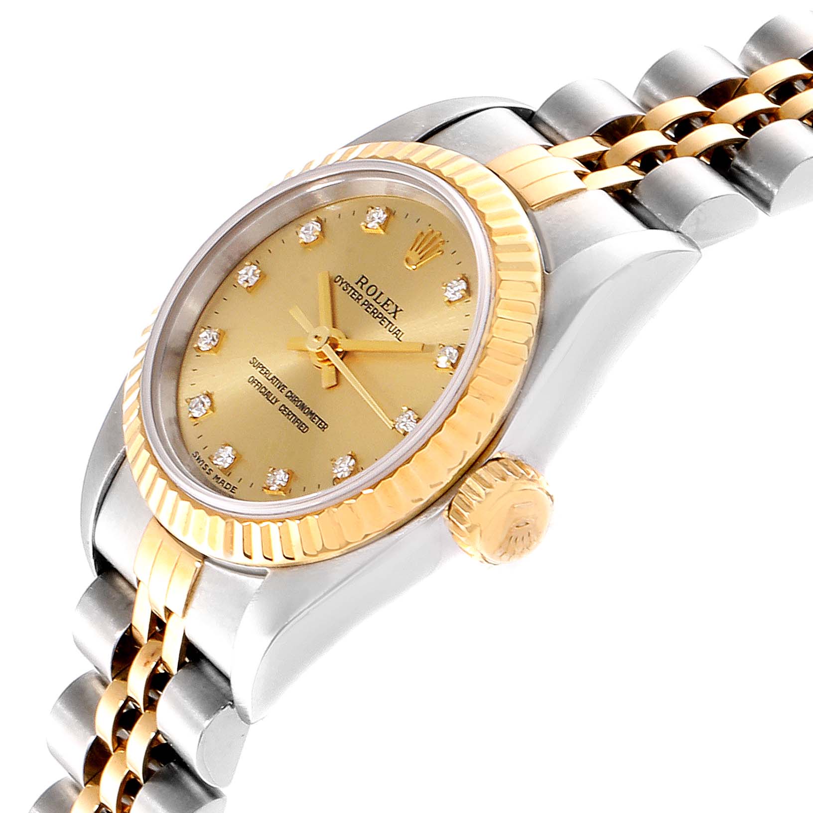 This image shows a side and partial front view of a Rolex Oyster Perpetual 67193 Women's Stainless Steel Champagne Dial 67193 Women's Stainless Steel Champagne Dial watch, featuring its crown, bezel, dial, and bracelet.