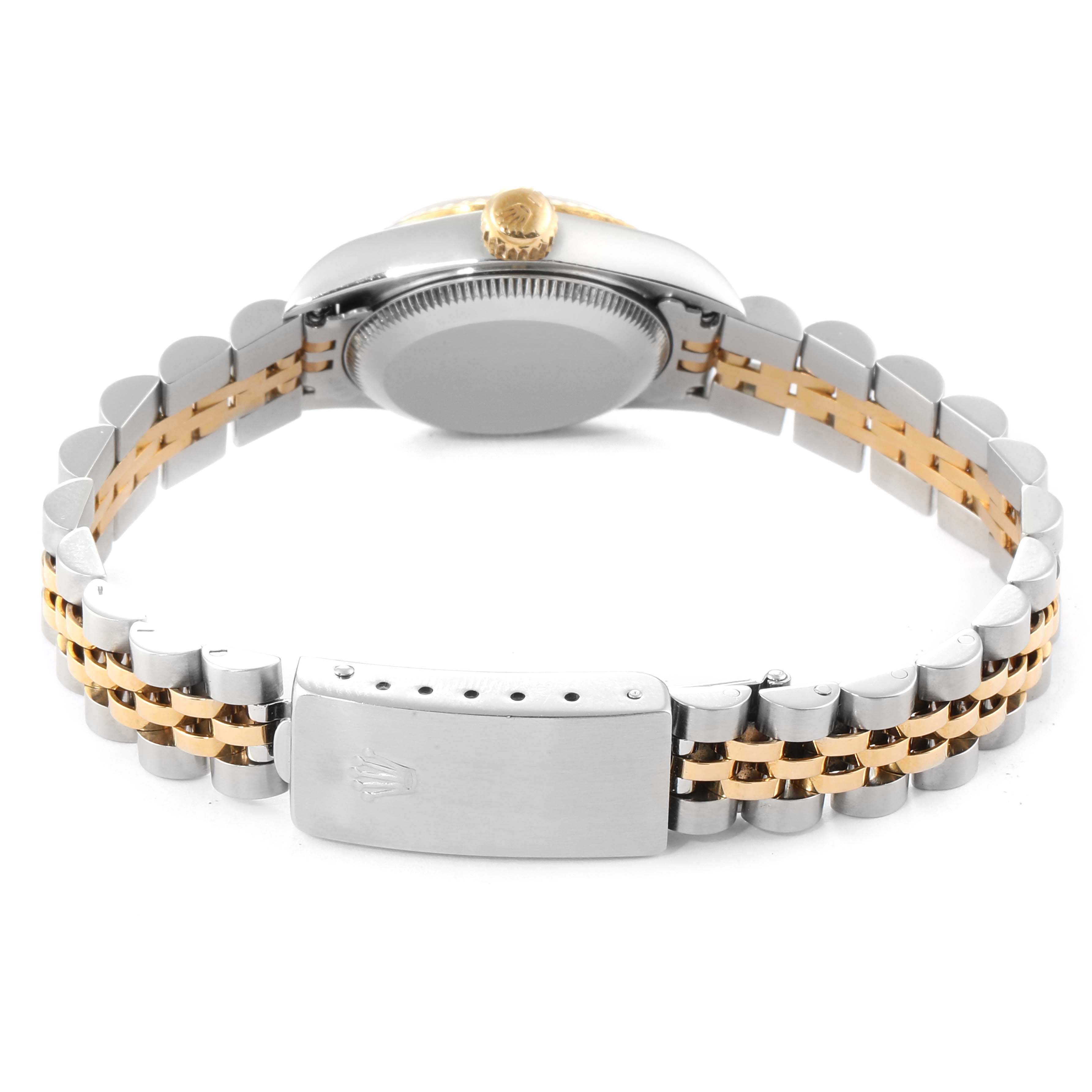 This image shows the back of a Rolex Oyster Perpetual 67193 Women's Stainless Steel Champagne Dial 67193 Women's Stainless Steel Champagne Dial watch, highlighting its metal clasp and two-tone bracelet.