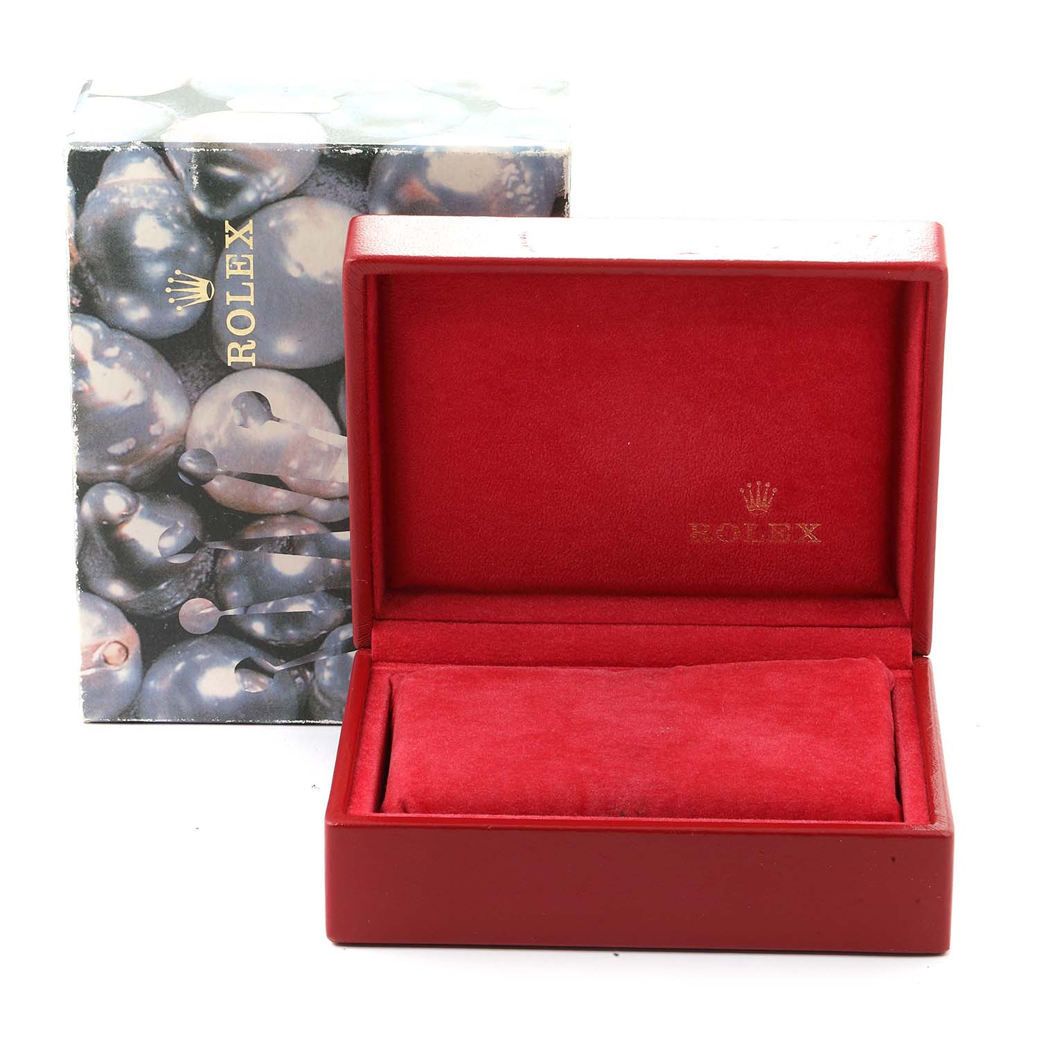 This image shows the open red box and outer shell packaging for a Rolex Oyster Perpetual 67193 Women's Stainless Steel Champagne Dial 67193 Women's Stainless Steel Champagne Dial watch.