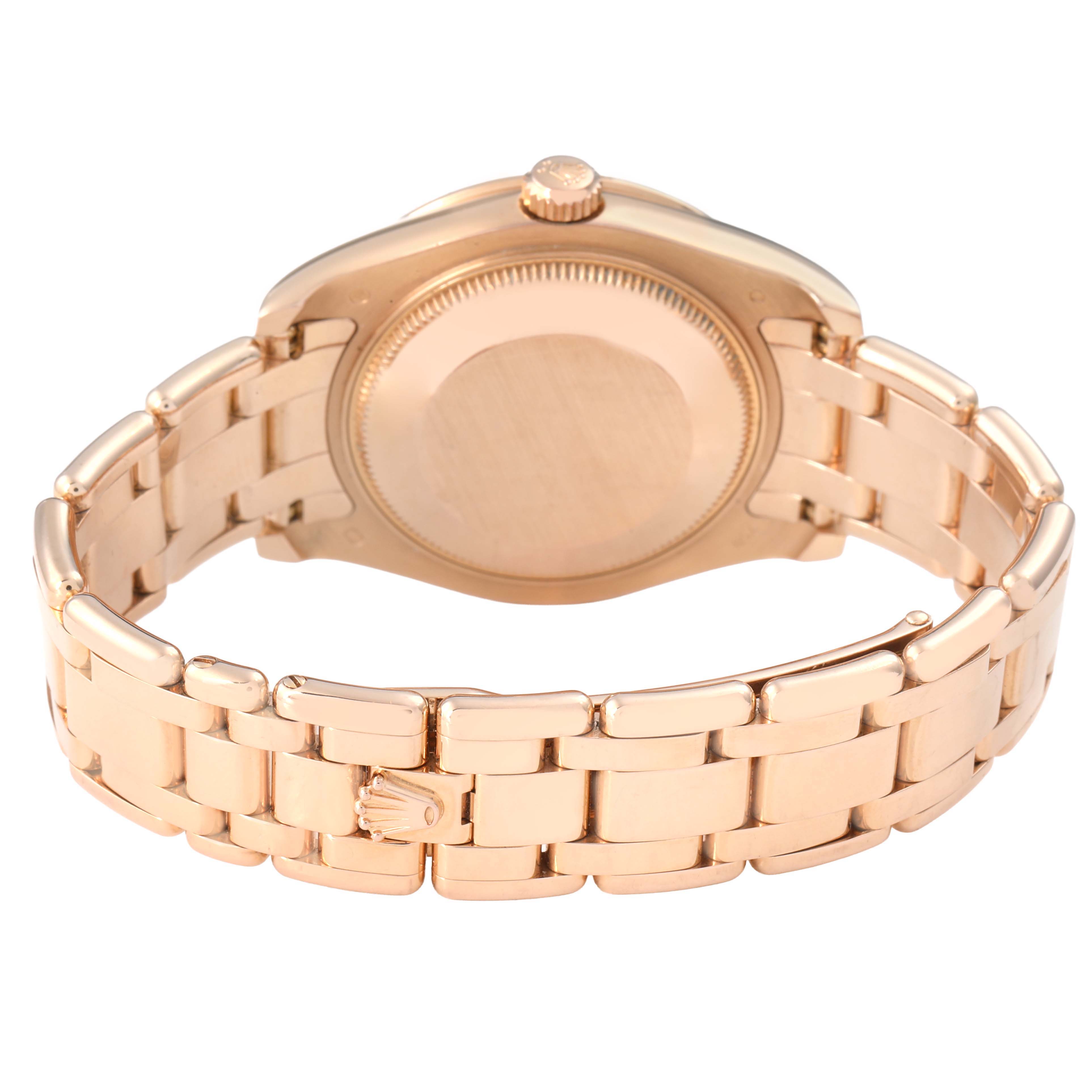 The Rolex Pearlmaster 81315 Women's Rose Gold Mother of Pearl Dial watch is shown from the back, highlighting the case back and the bracelet.