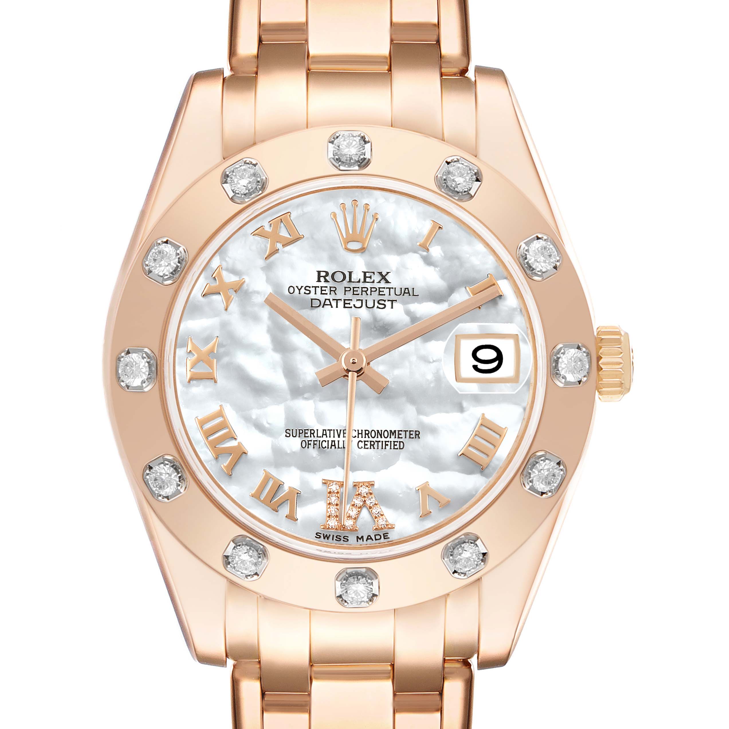 The Rolex Pearlmaster 81315 Women's Rose Gold Mother of Pearl Dial watch is shown from a front view, highlighting its face, bezel with diamonds, and a portion of the bracelet.