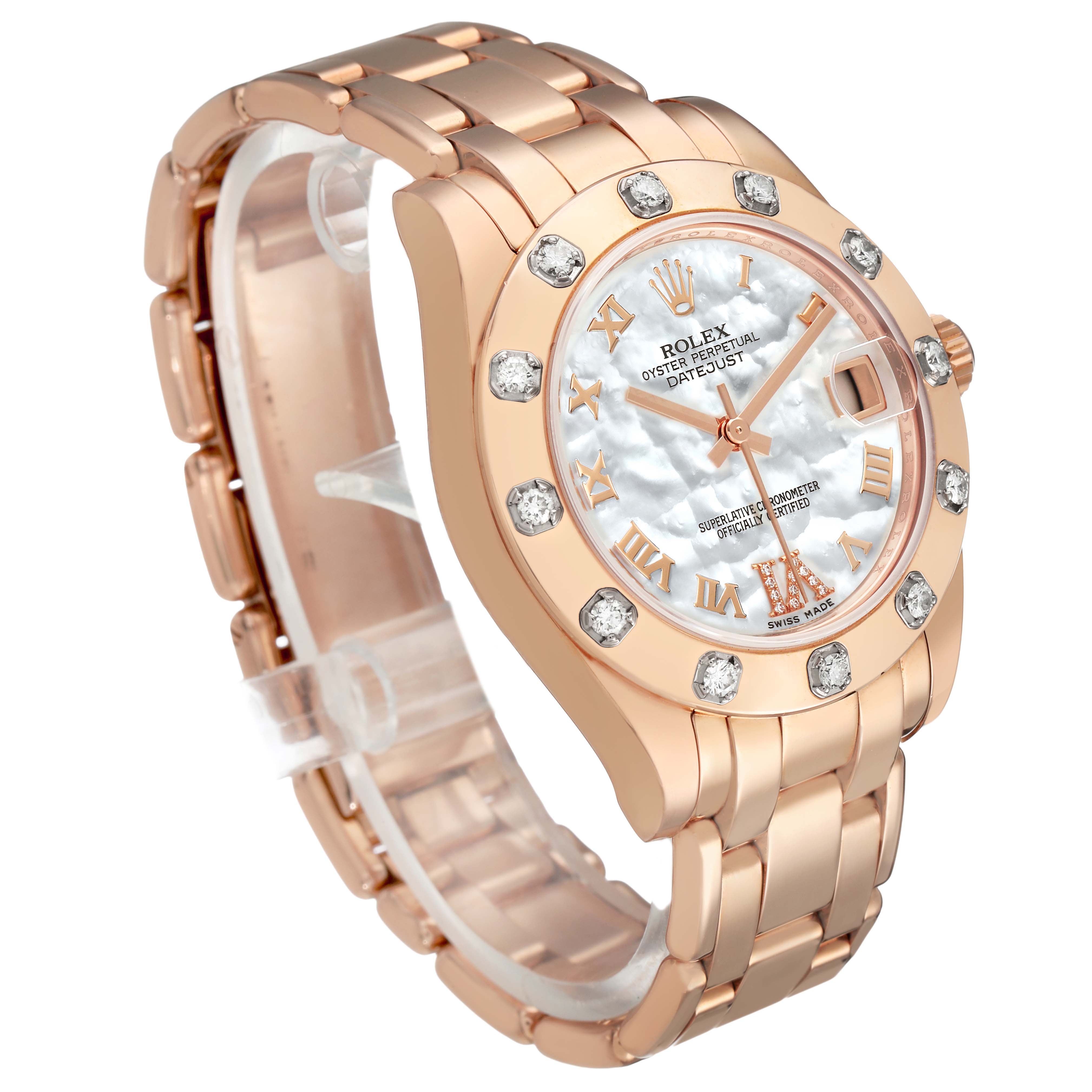 The Rolex Pearlmaster 81315 Women's Rose Gold Mother of Pearl Dial watch is shown at a three-quarter angle, highlighting the dial, bezel with diamonds, and bracelet.