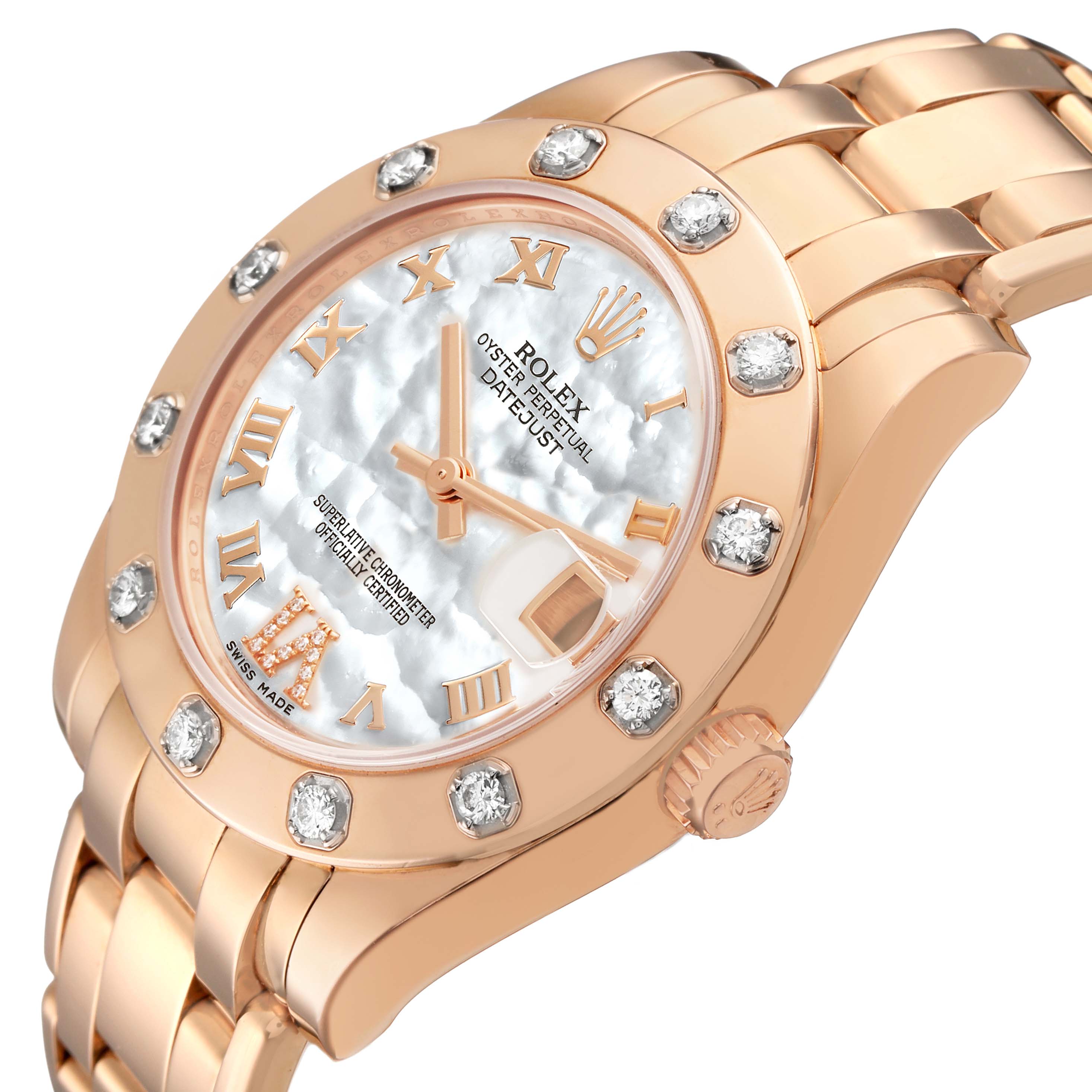 The Rolex Pearlmaster 81315 Women's Rose Gold Mother of Pearl Dial watch is shown from a top-side angle, highlighting the bezel, dial, and bracelet.