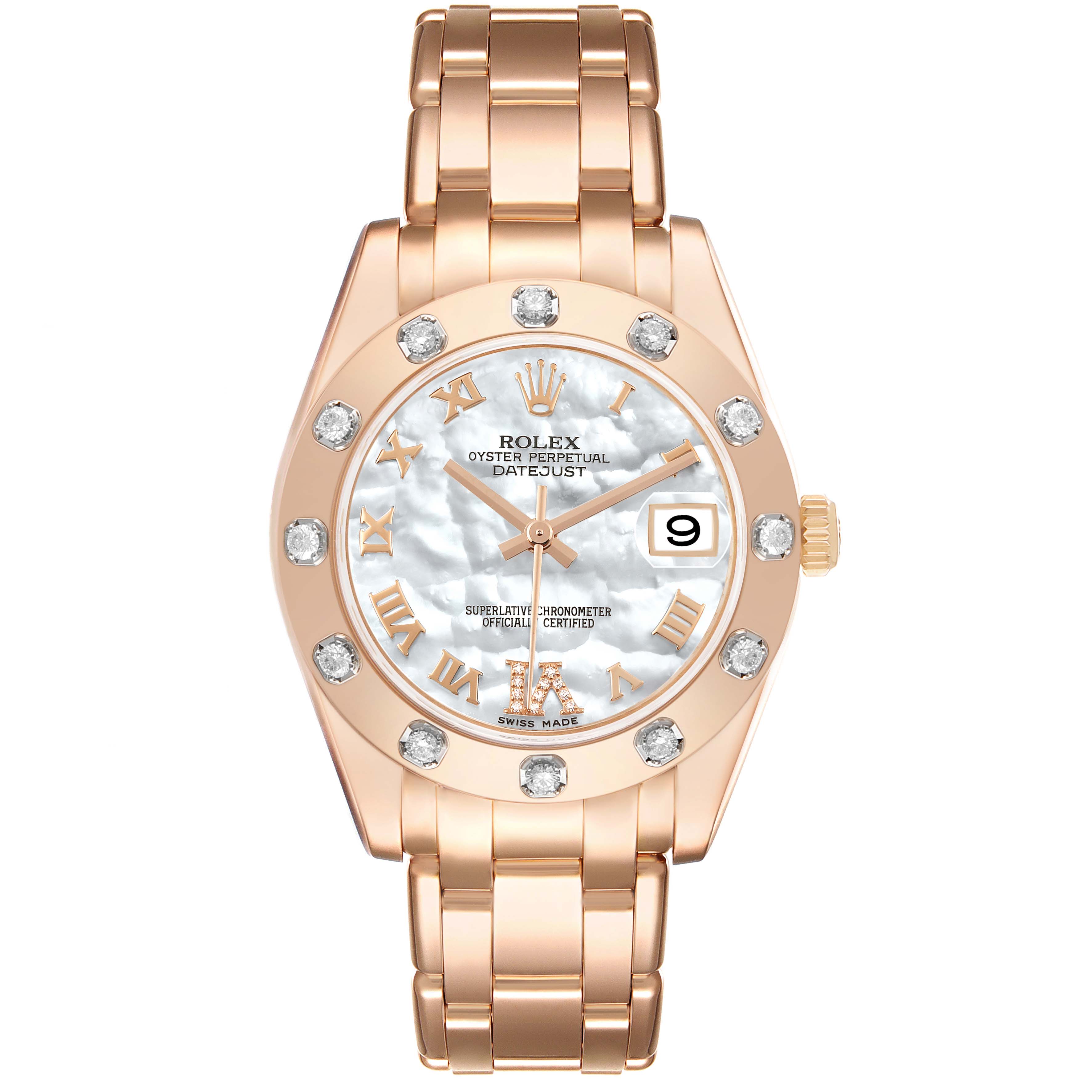 The image shows a Rolex Pearlmaster 81315 Women's Rose Gold Mother of Pearl Dial watch from the front, highlighting the dial, bezel, and bracelet.