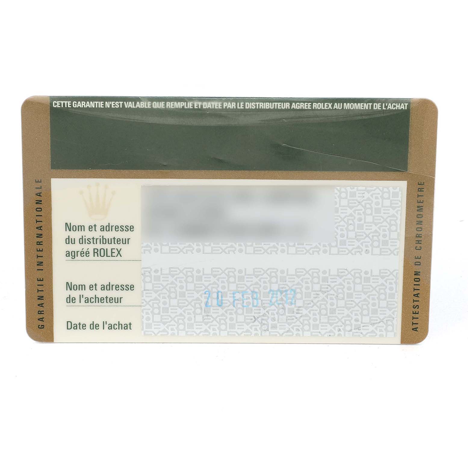 The image shows a warranty card for a Rolex Pearlmaster 81315 Women's Rose Gold Mother of Pearl Dial, featuring the distributor's and buyer's information sections.