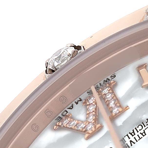 The image shows a close-up of the Rolex Pearlmaster 81315 Women's Rose Gold Mother of Pearl Dial watch, focusing on the diamond-accented bezel and part of the dial with Roman numeral markers.