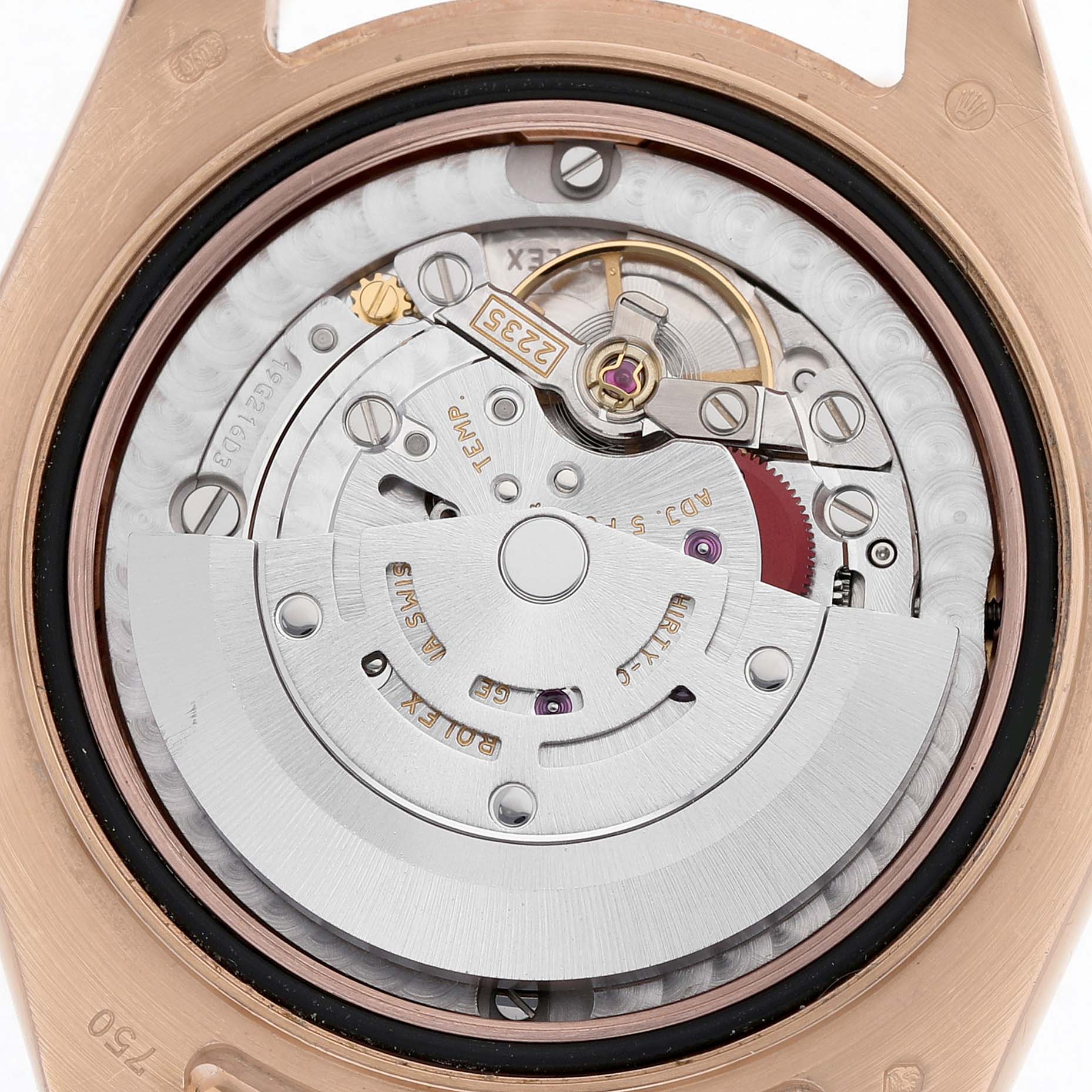 The image shows the movement and internal mechanism of a Rolex Pearlmaster 81315 Women's Rose Gold Mother of Pearl Dial watch from a rear view angle.
