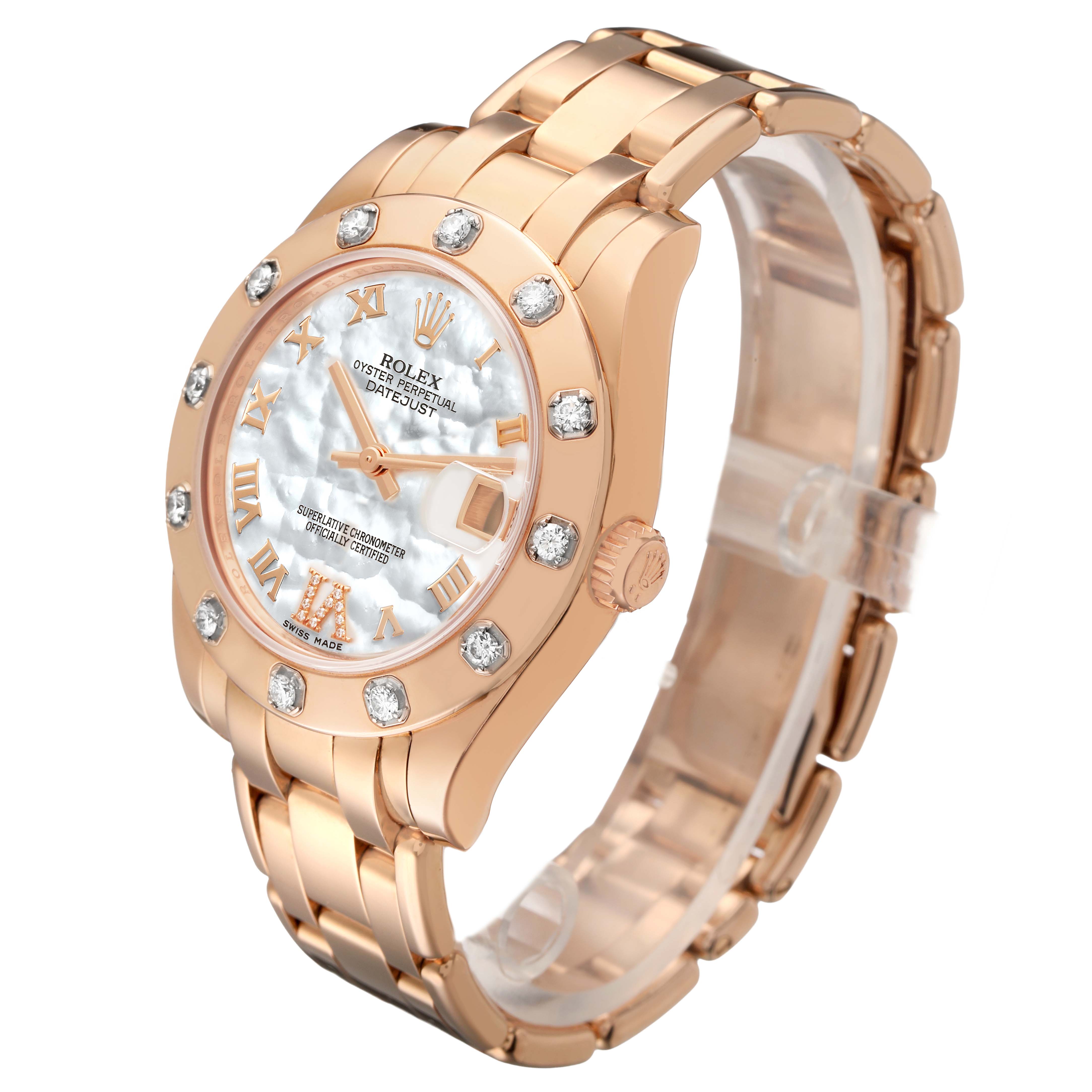 The Rolex Pearlmaster 81315 Women's Rose Gold Mother of Pearl Dial watch is shown at a three-quarter angle, displaying its face, bezel, crown, and bracelet.