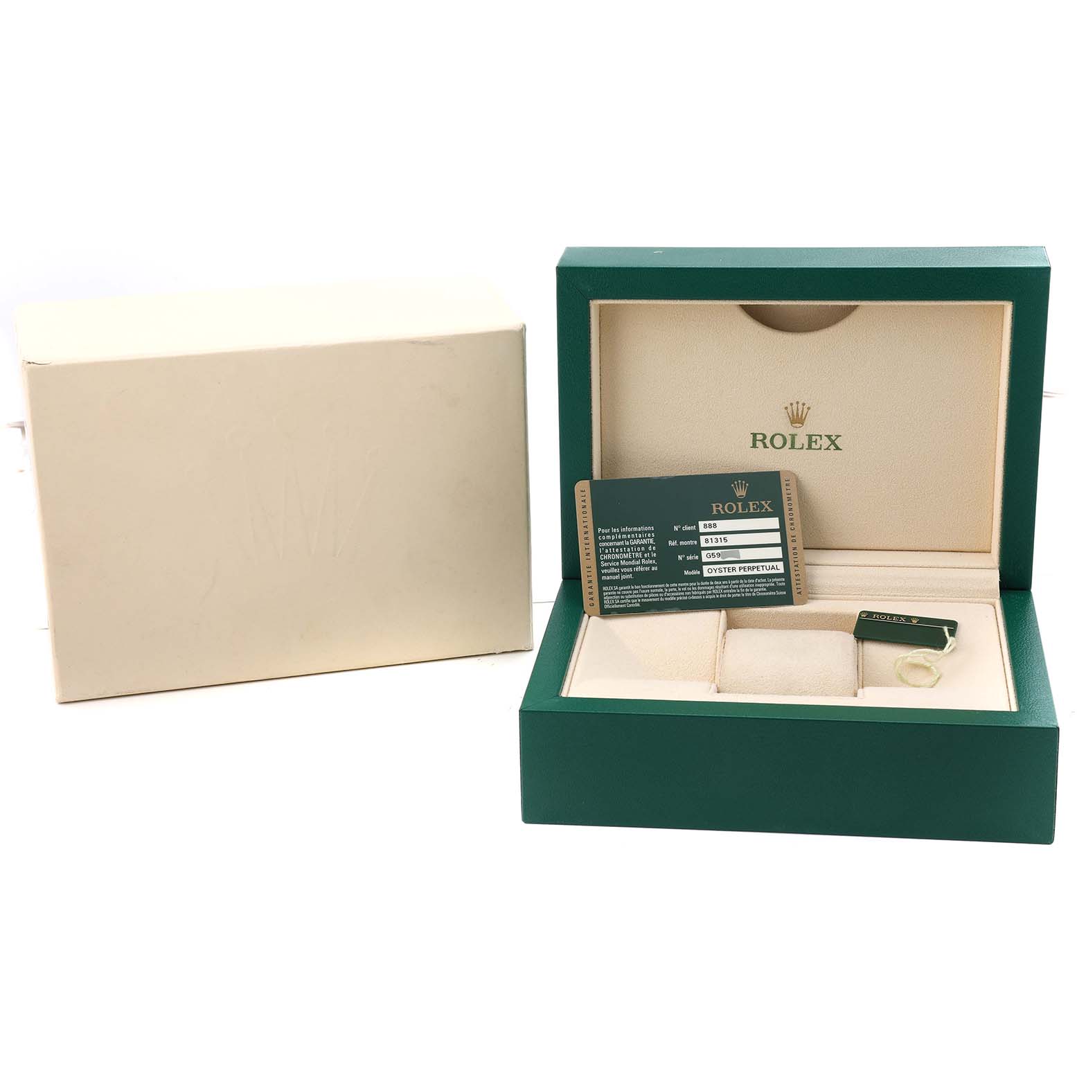 The Rolex Pearlmaster 81315 Women's Rose Gold Mother of Pearl Dial packaging is shown, featuring the watch box, warranty card, and hang tag.