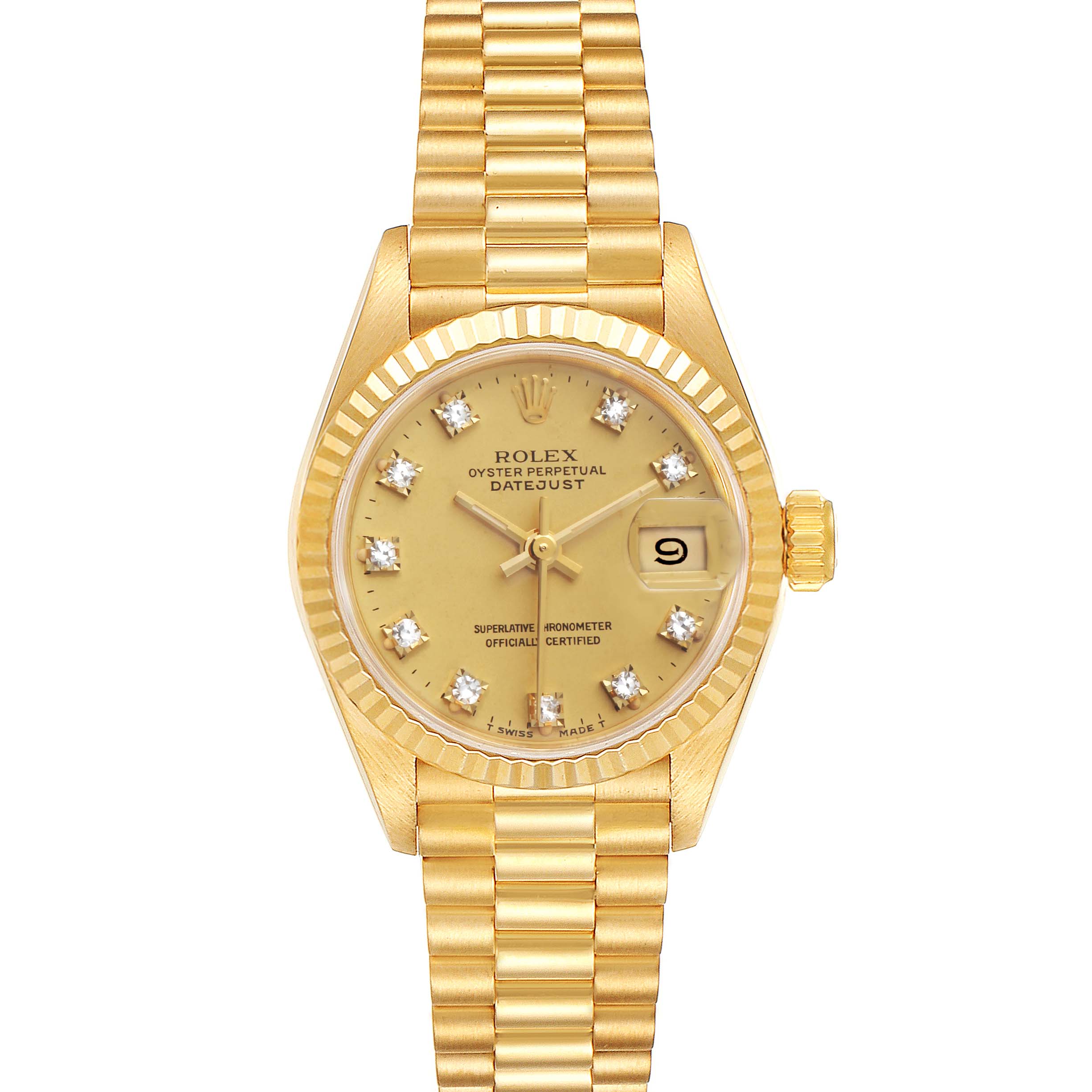 The image shows a front view of the Rolex President 69178 Women's Yellow Gold Champagne Dial 69178 Women's Yellow Gold Champagne Dial Oyster Perpetual Datejust watch, highlighting the dial, bracelet, and date window.
