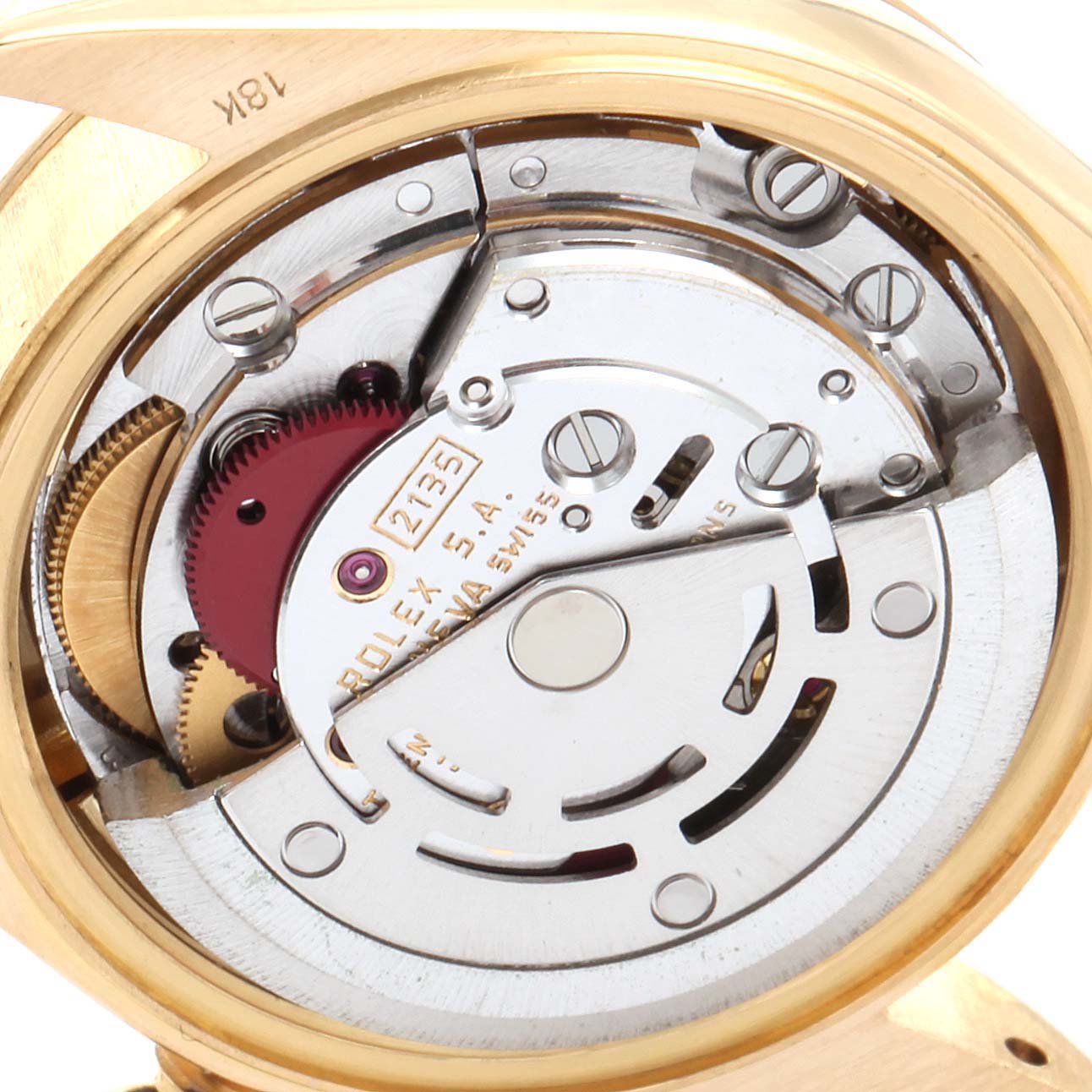 The image shows the back view of the Rolex President 69178 Women's Yellow Gold Champagne Dial 69178 Women's Yellow Gold Champagne Dial model, highlighting the inner mechanical movement.