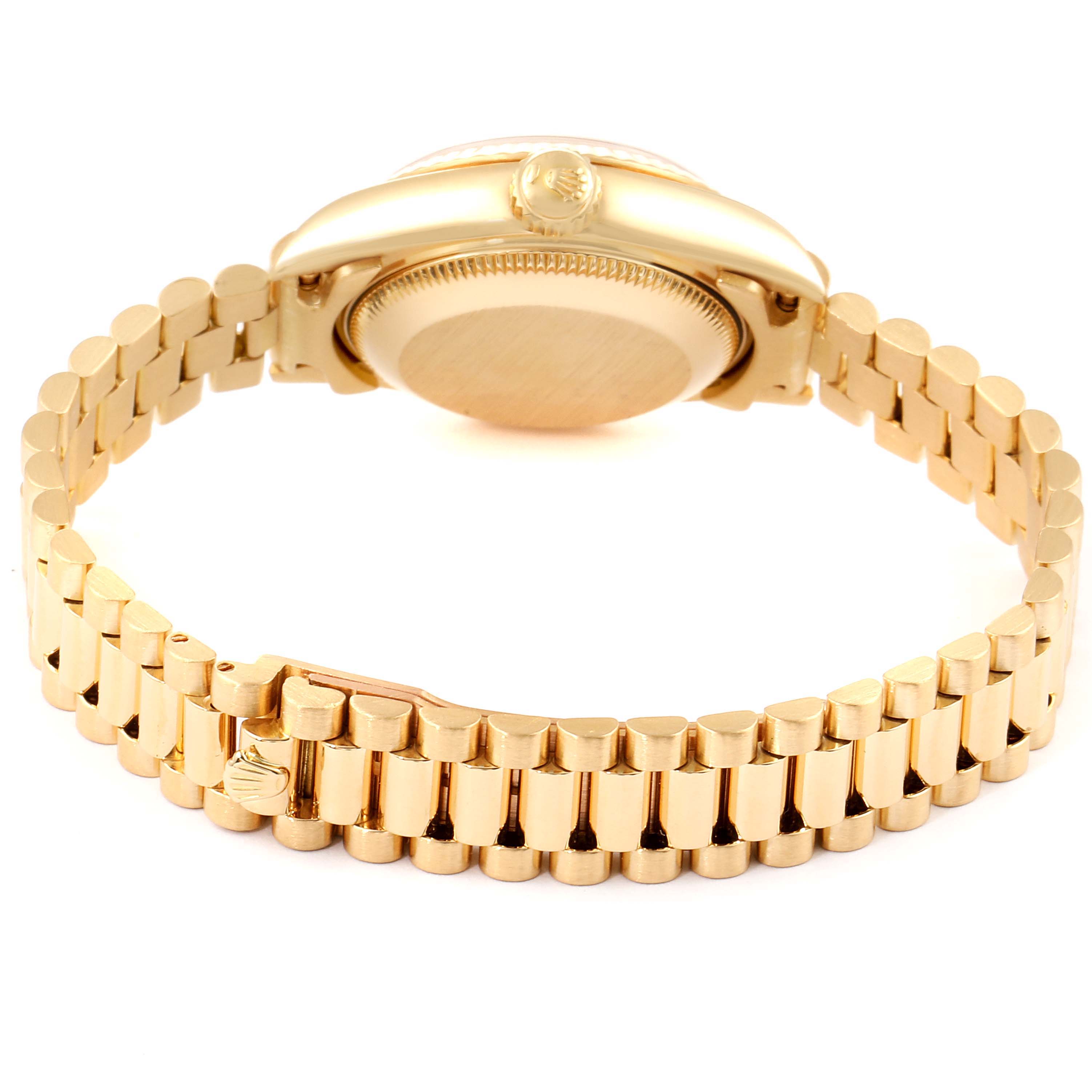 The image shows the backside and bracelet of a Rolex President 69178 Women's Yellow Gold Champagne Dial 69178 Women's Yellow Gold Champagne Dial model watch, highlighting the clasp and crown.
